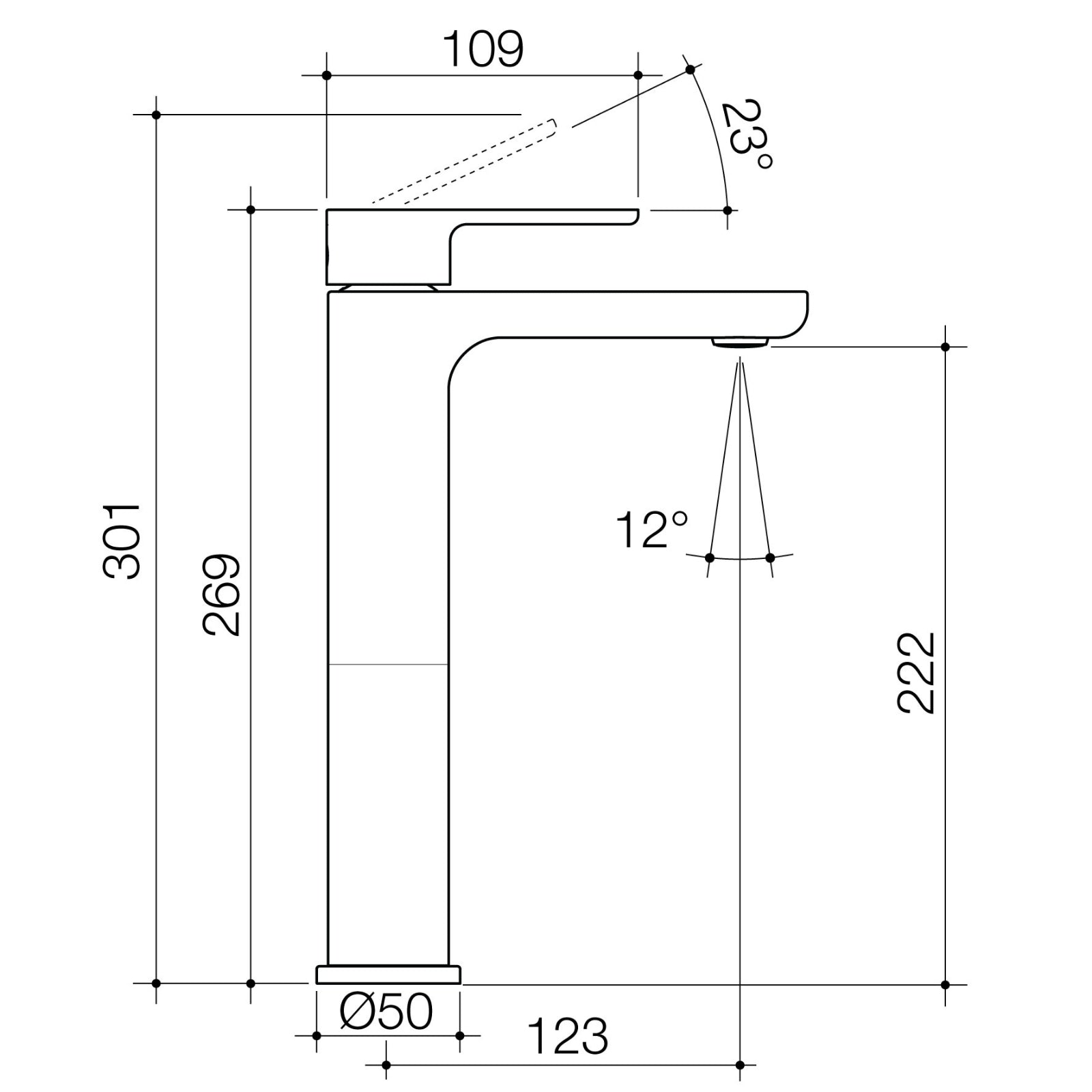 Technical Drawing Caroma Luna II Tower Basin Mixer - Brushed Nickel 68200BN6AF - The Blue Space