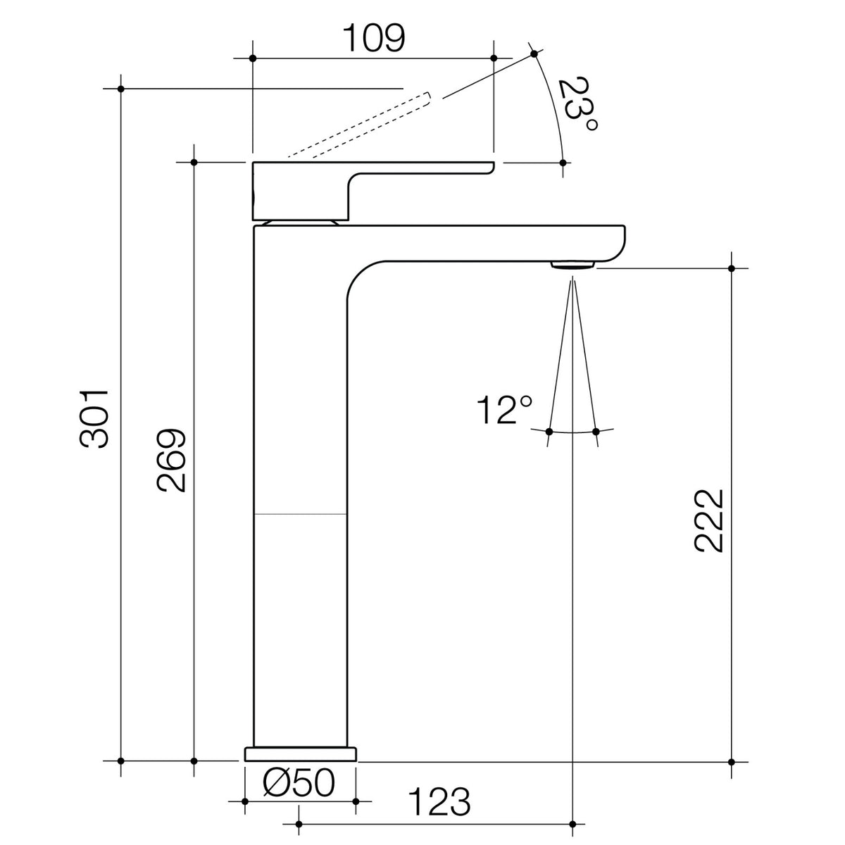 Technical Drawing Caroma Luna II Tower Basin Mixer - Chrome 68200C6AF - The Blue Space