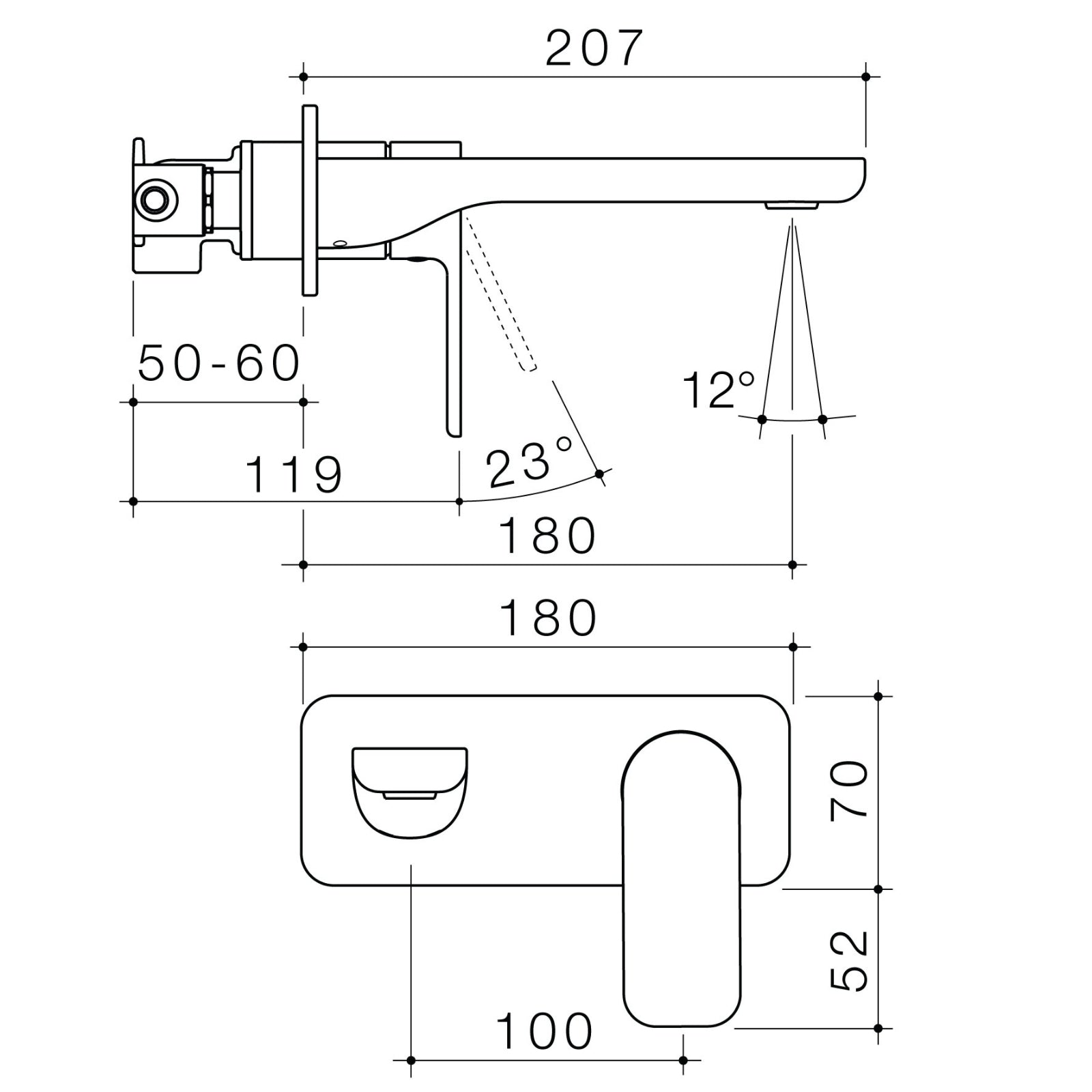 Technical Drawing Caroma Luna II Wall Basin/Bath Mixer 180mm - Chrome 68203C6AF - The Blue Space