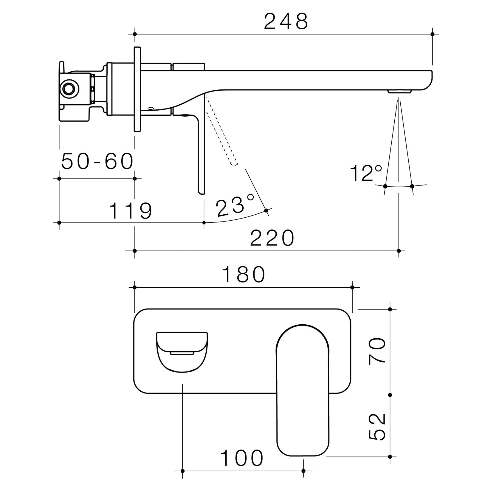 Technical Drawing Caroma Luna II Wall Basin/Bath Mixer 220mm - Brushed Brass 68204BB6AF - The Blue Space