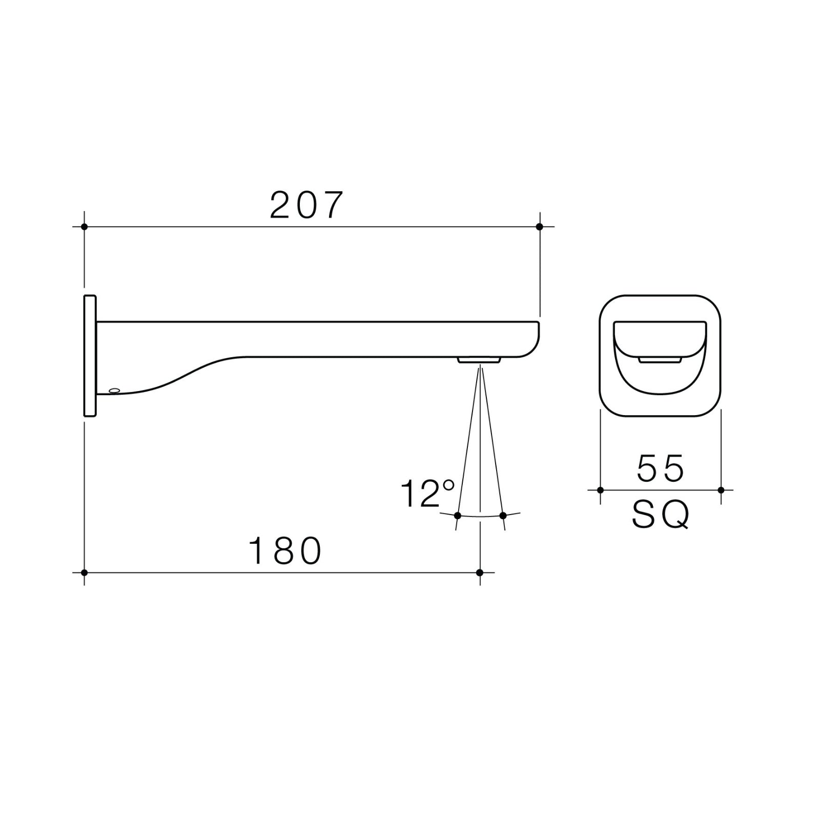 Technical Drawing Caroma Luna II Wall Basin/Bath Outlet 180mm - Brushed Nickel 68205BN6AF - The Blue Space
