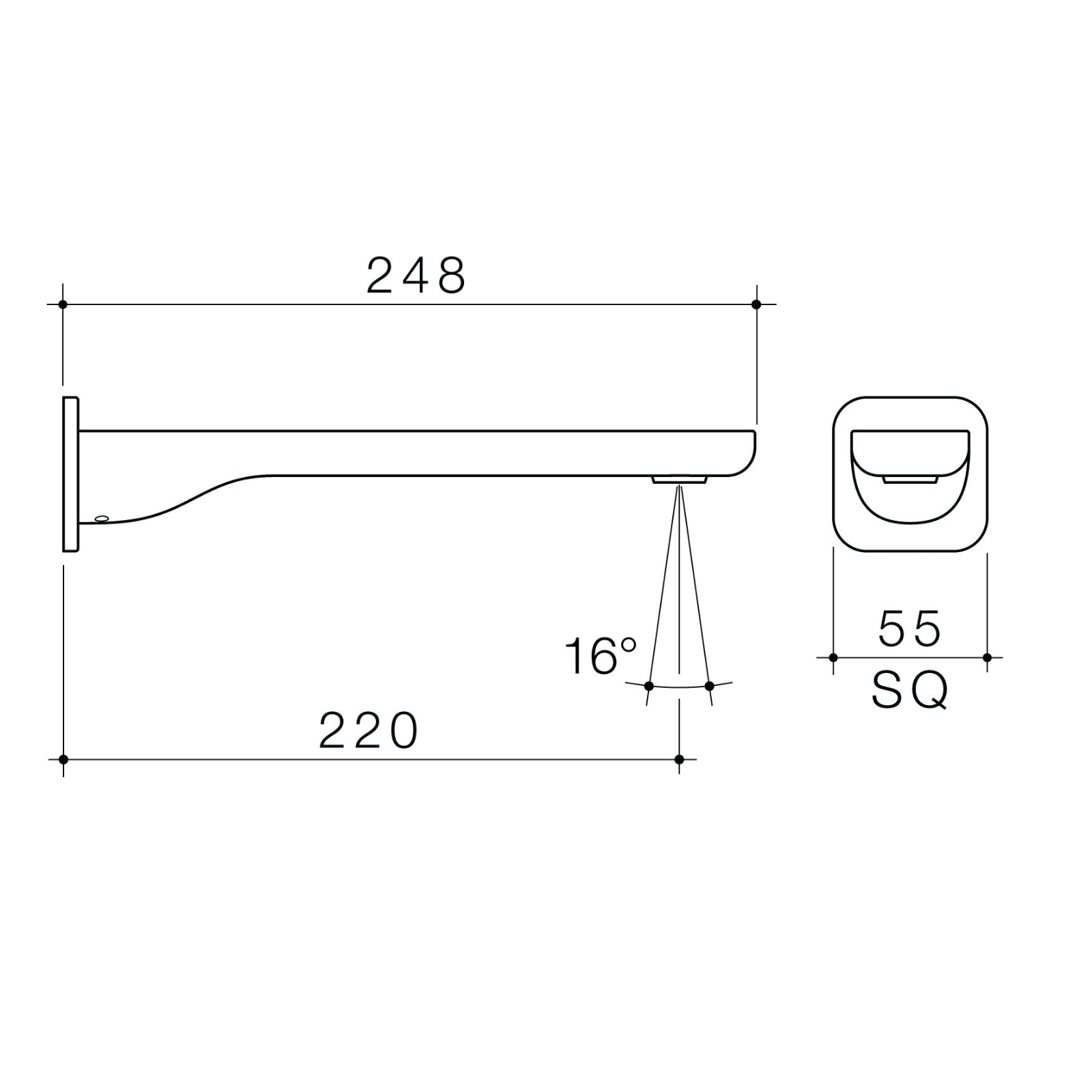 Technical Drawing Caroma Luna II Wall Basin/Bath Outlet 220mm - Brushed Nickel 68206BN6AF - The Blue Space