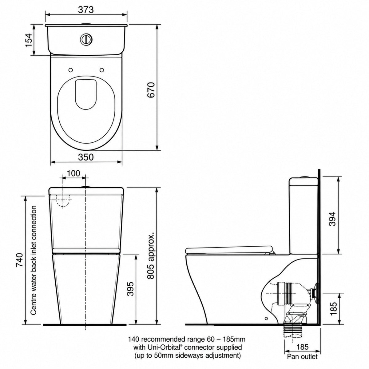 Line Drawing Caroma Luna Slim Wall Faced Toilet Suite - Upgraded Seat Design 829710WSL - The Blue Space