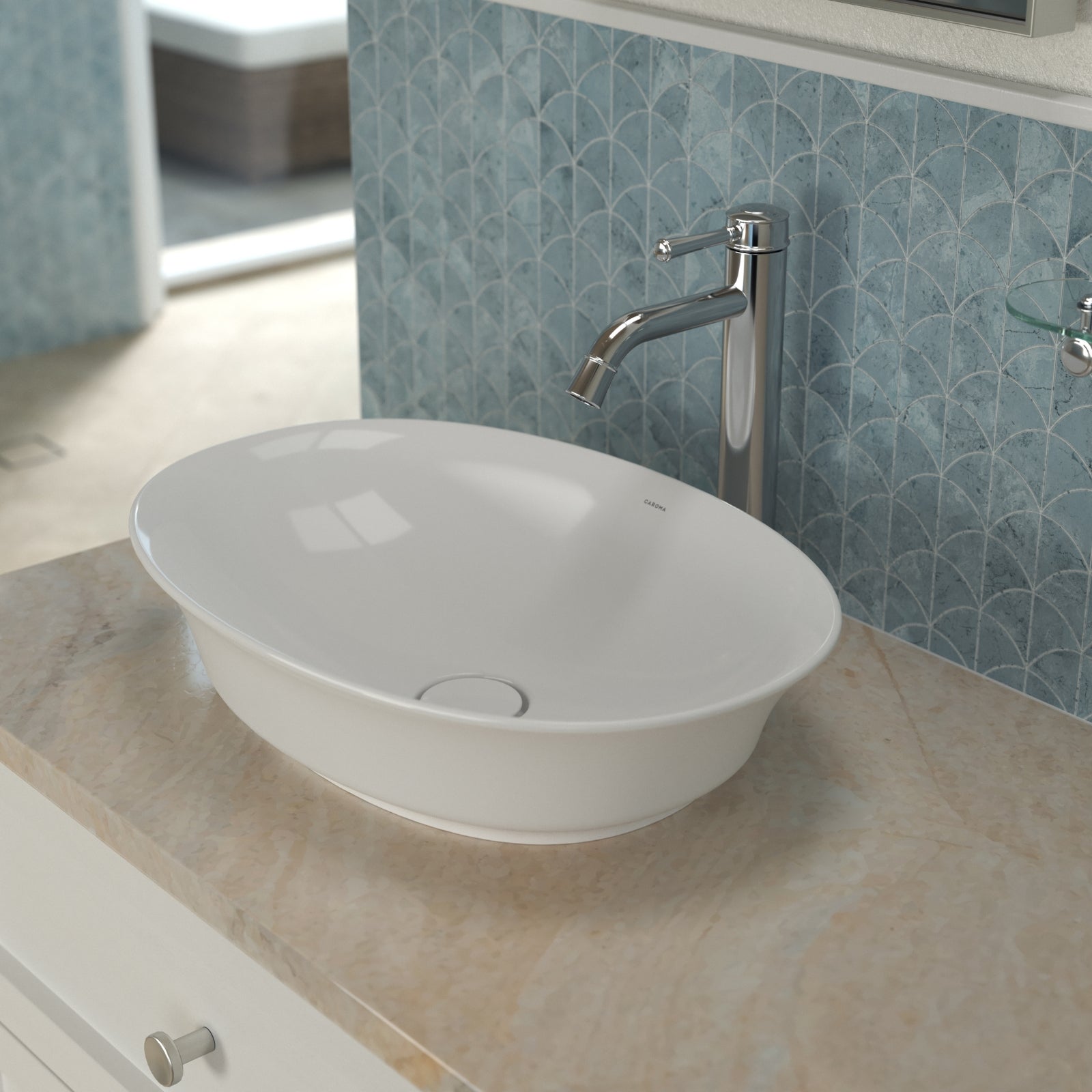Lifestyle 7 Caroma Riviere Above Counter Basin No Tap Hole - Matte White 4700300MW - The Blue Space