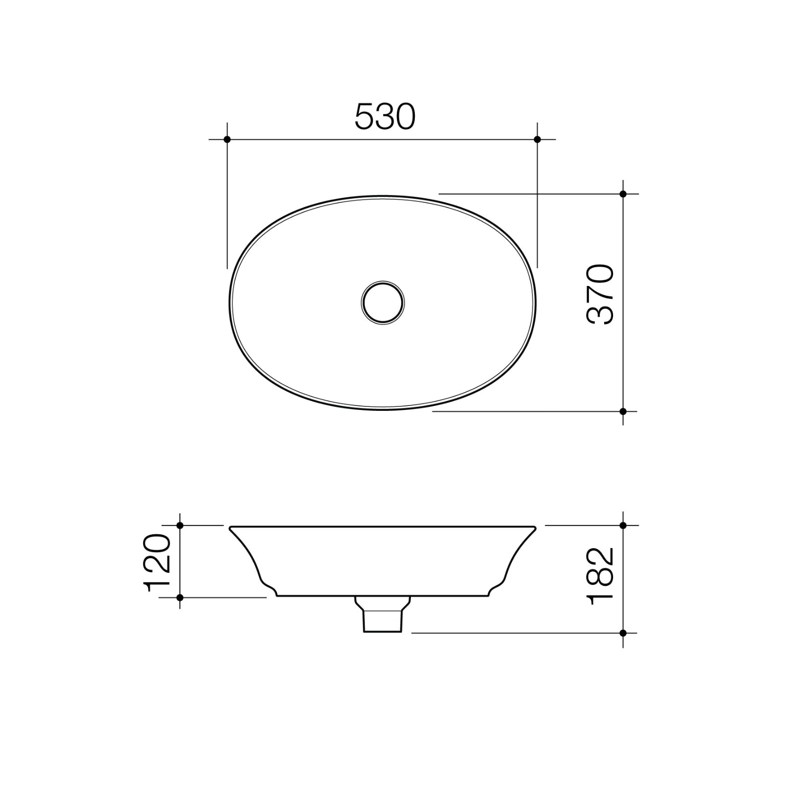 Technical Drawing Caroma Riviere Above Counter Basin No Tap Hole - Matte White 4700300MW - The Blue Space