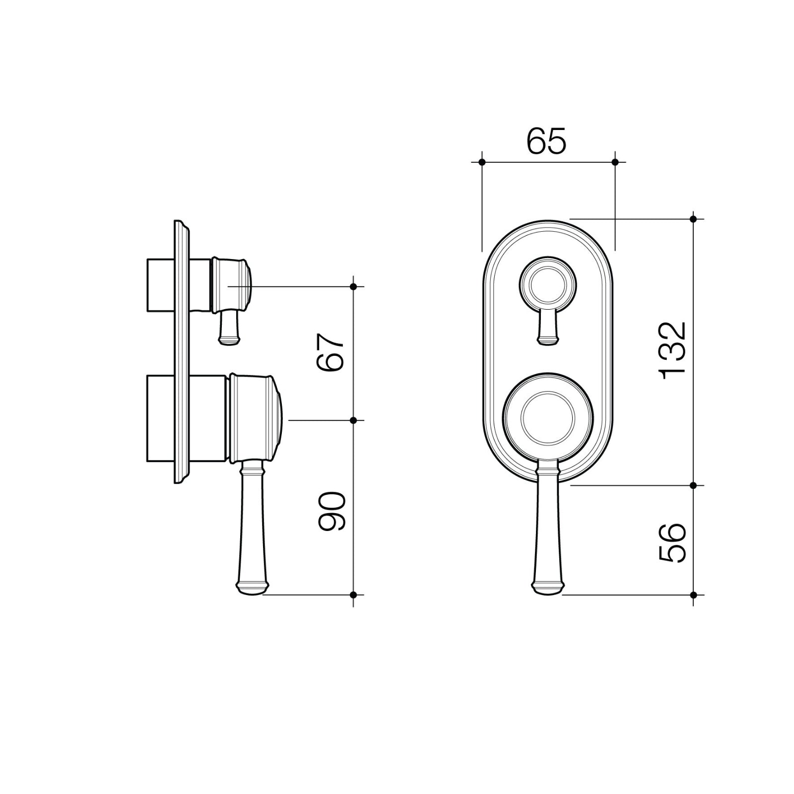 Technical Drawing Caroma Riviere Bath Shower Mixer With Diverter Trim Kit - Chrome 520008C - The Blue Space