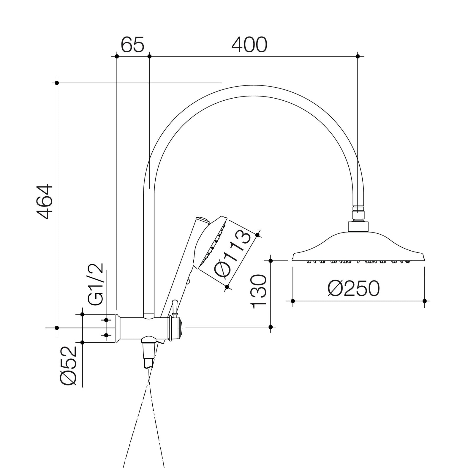 Technical Drawing Caroma Riviere Compact Twin Shower - Brushed Bronze 520041BBZ4A - The Blue Space