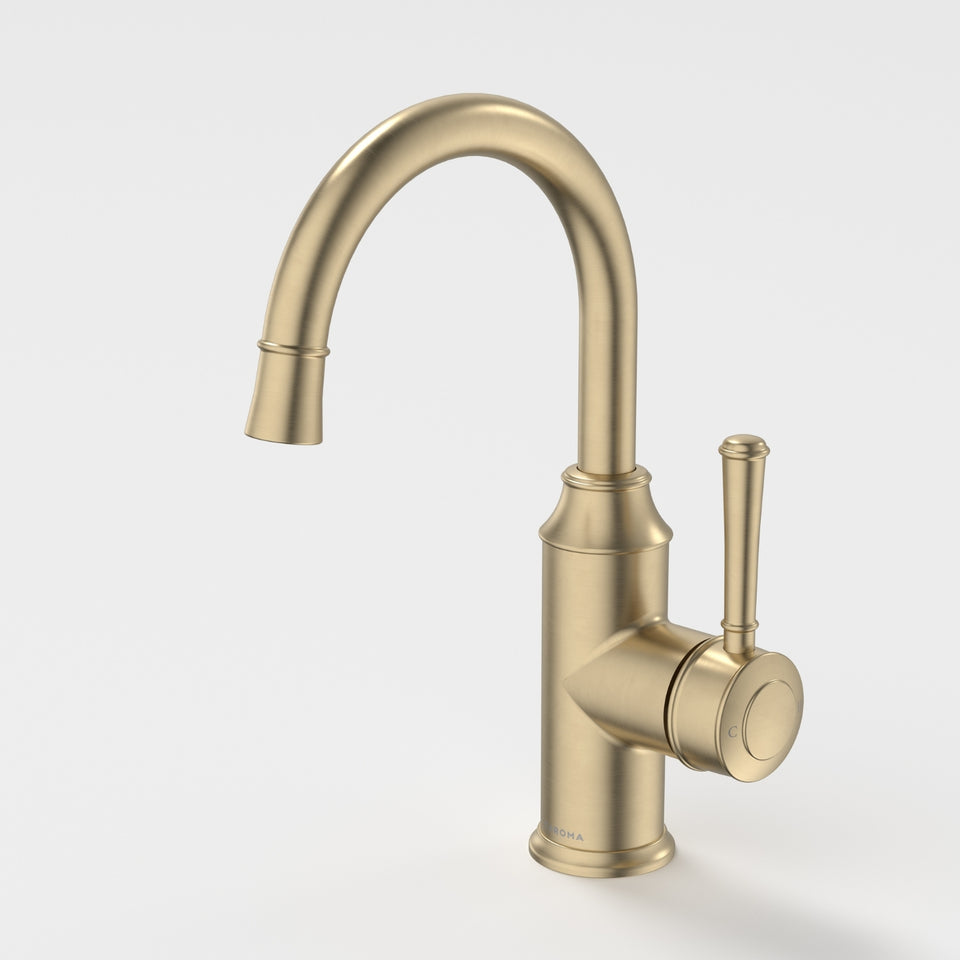 Caroma Riviere Gooseneck Basin Mixer - Brushed Brass
