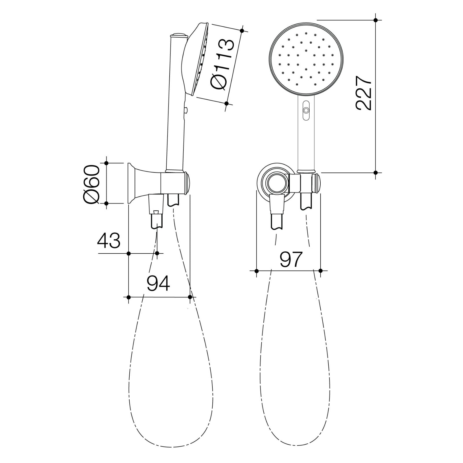 Technical Drawing Caroma Riviere Hand Shower - Brushed Brass 520043BB4A - The Blue Space