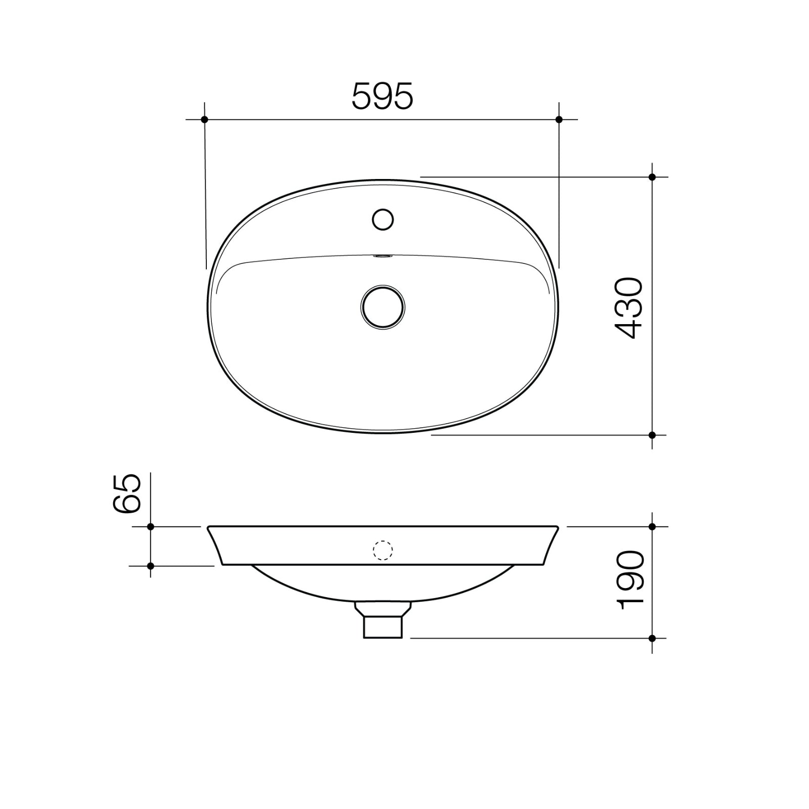 Technical Drawing Caroma Riviere Inset Basin 1 Tap Hole Overflow - Matte White 4700215MW - The Blue Space