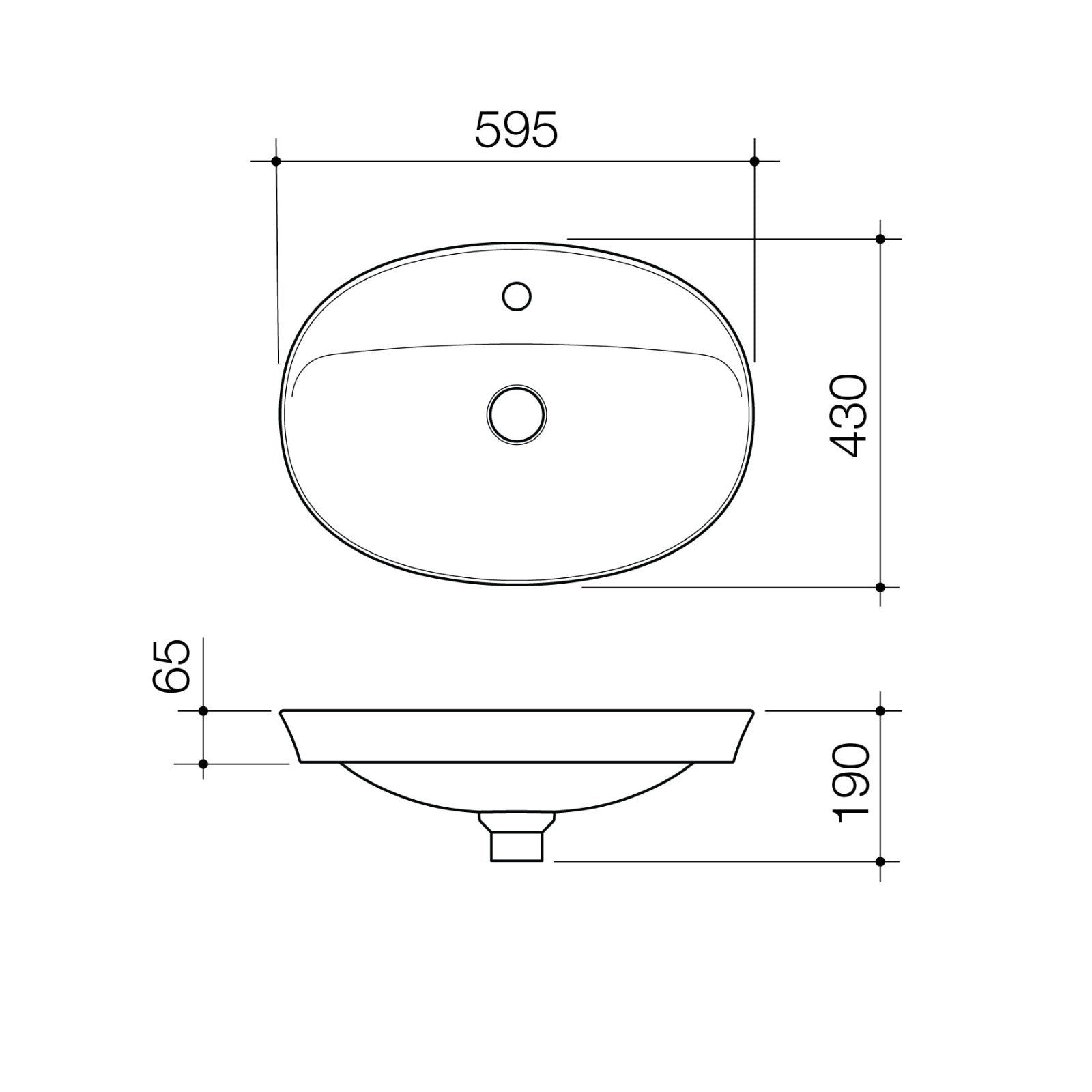 Technical Drawing Caroma Riviere Inset Basin 1 Tap Hole - Matte White 4700210MW - The Blue Space
