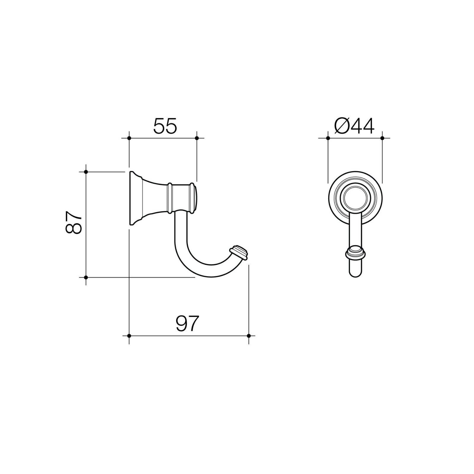 Technical Drawing Caroma Riviere Robe Hook - Brushed Nickel 520031BN - The Blue Space