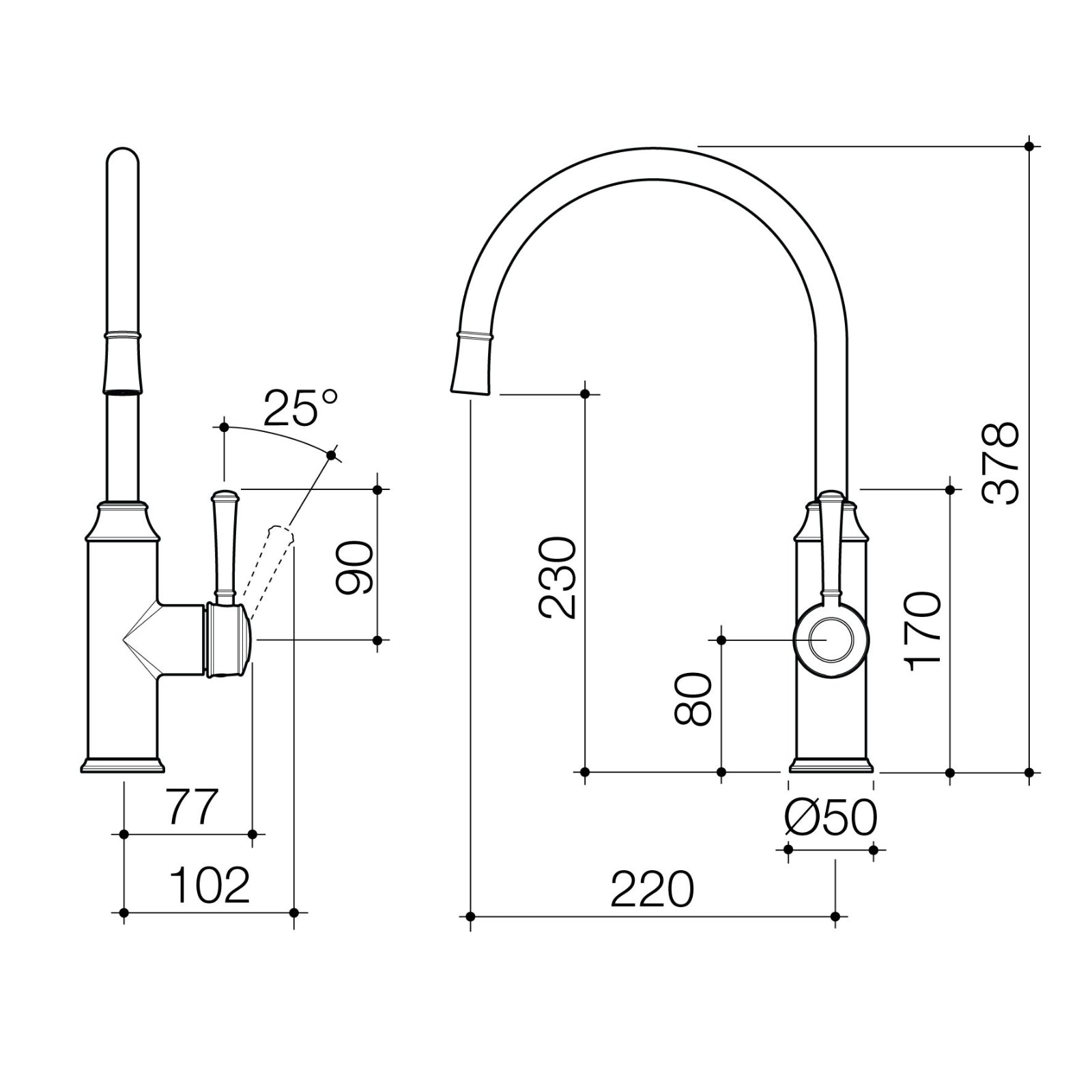 Technical Drawing Caroma Riviere Sink Mixer - Brushed Bronze 520016BBZ56AF - The Blue Space