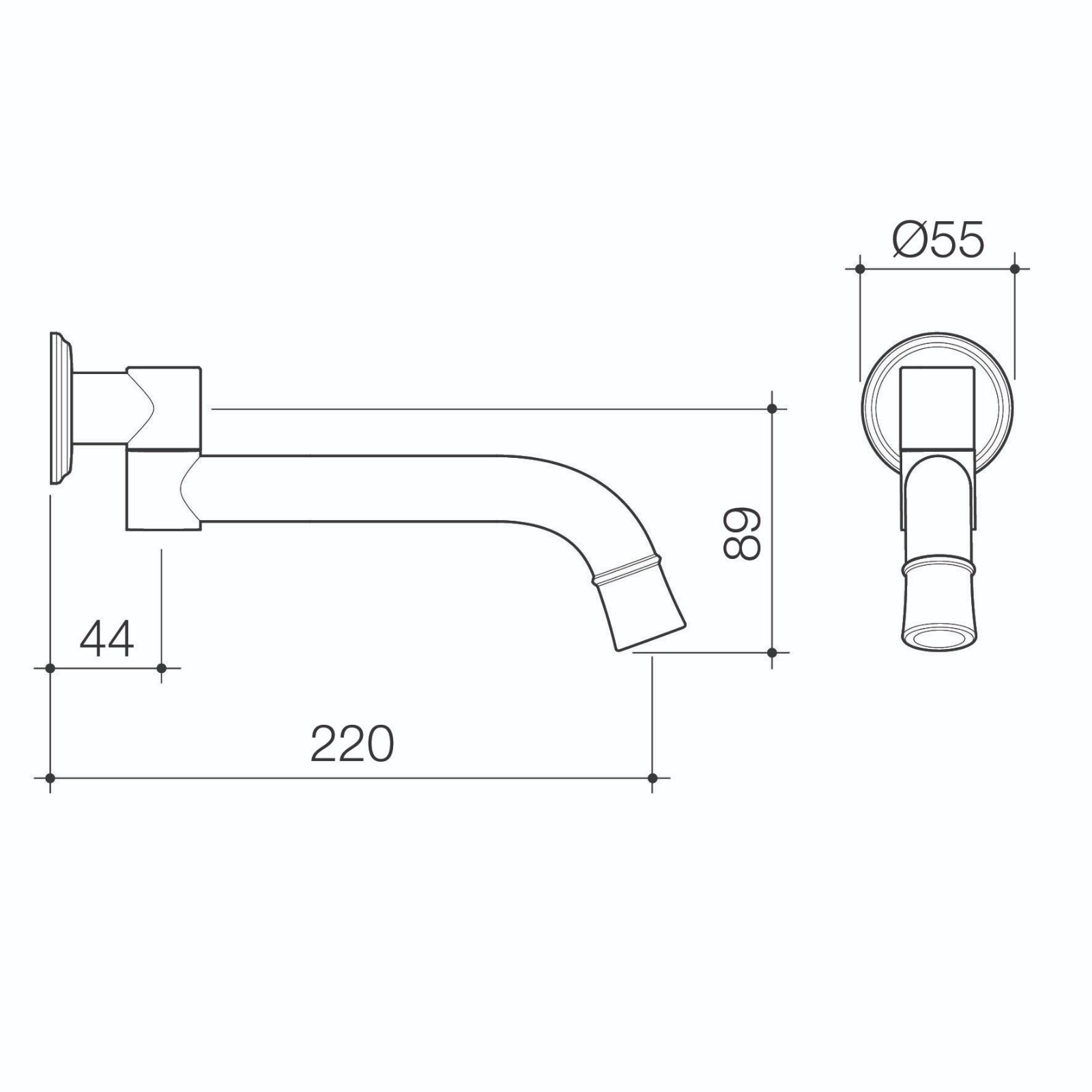 Technical Drawing Caroma Riviere Swivel Bath Outlet 220mm - Chrome 520015C - The Blue Space