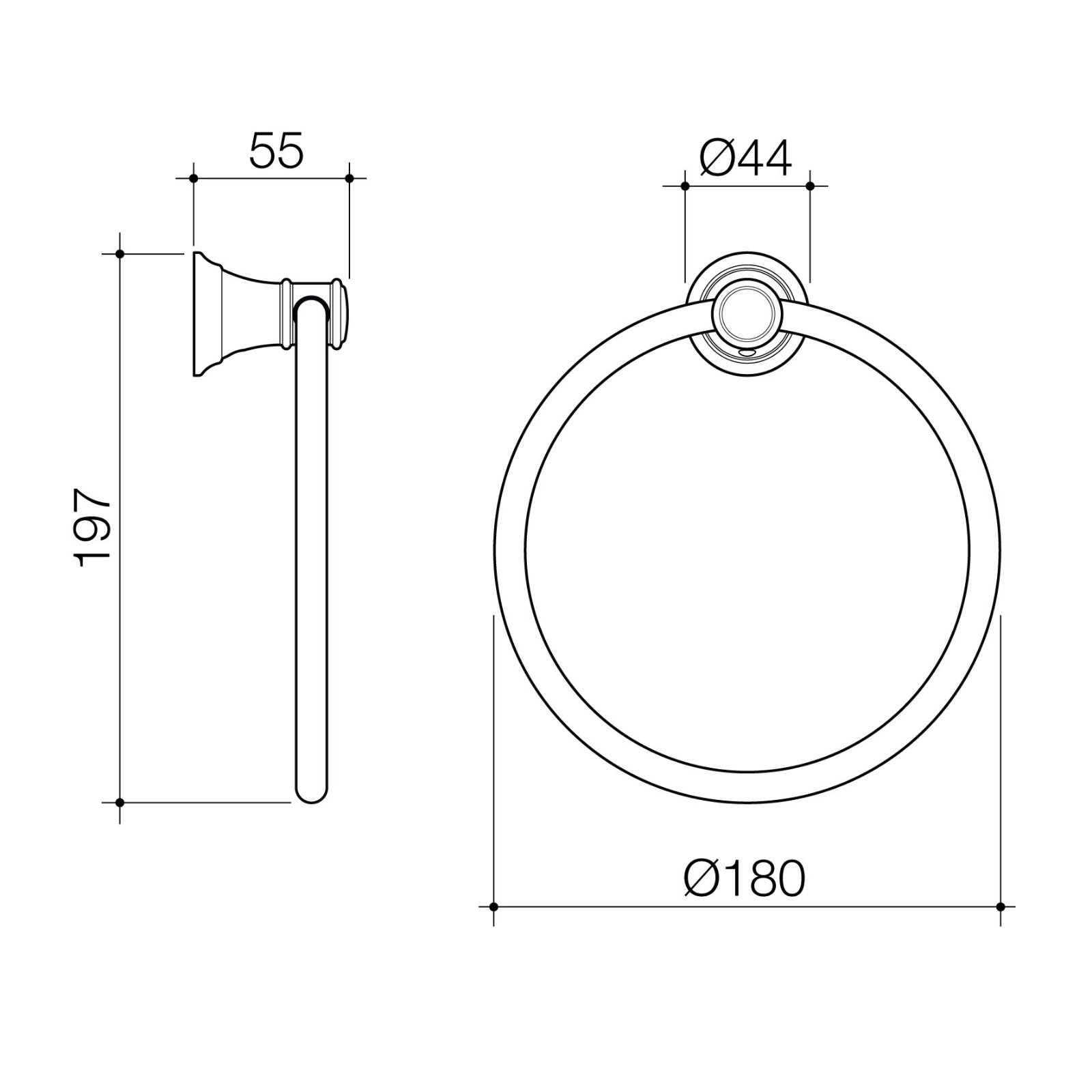 Technical Drawing Caroma Riviere Towel Ring - Chrome 520032C - The Blue Space