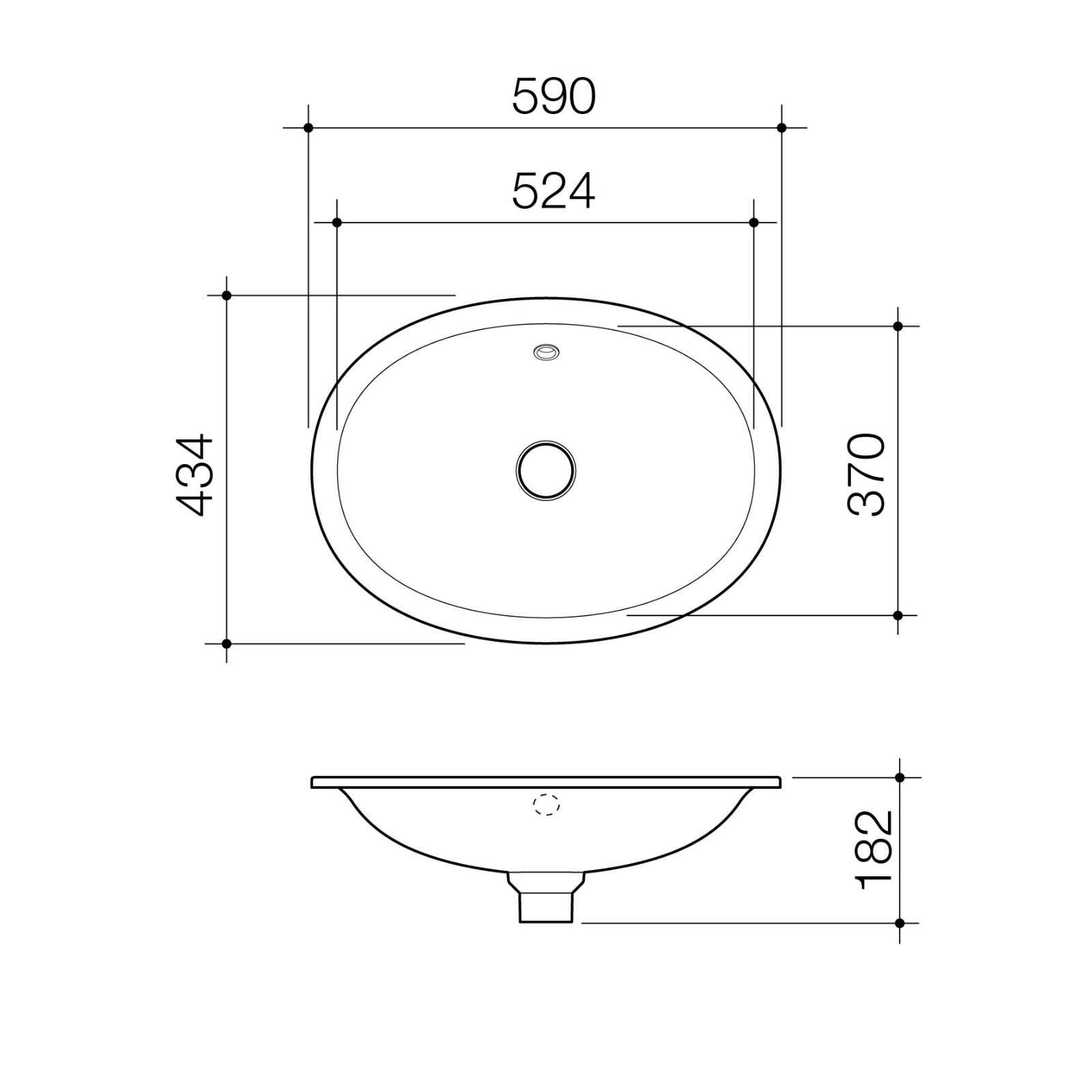 Technical Drawing Caroma Riviere Under Counter Basin No Tap Hole Overflow - White 4700405W - The Blue Space
