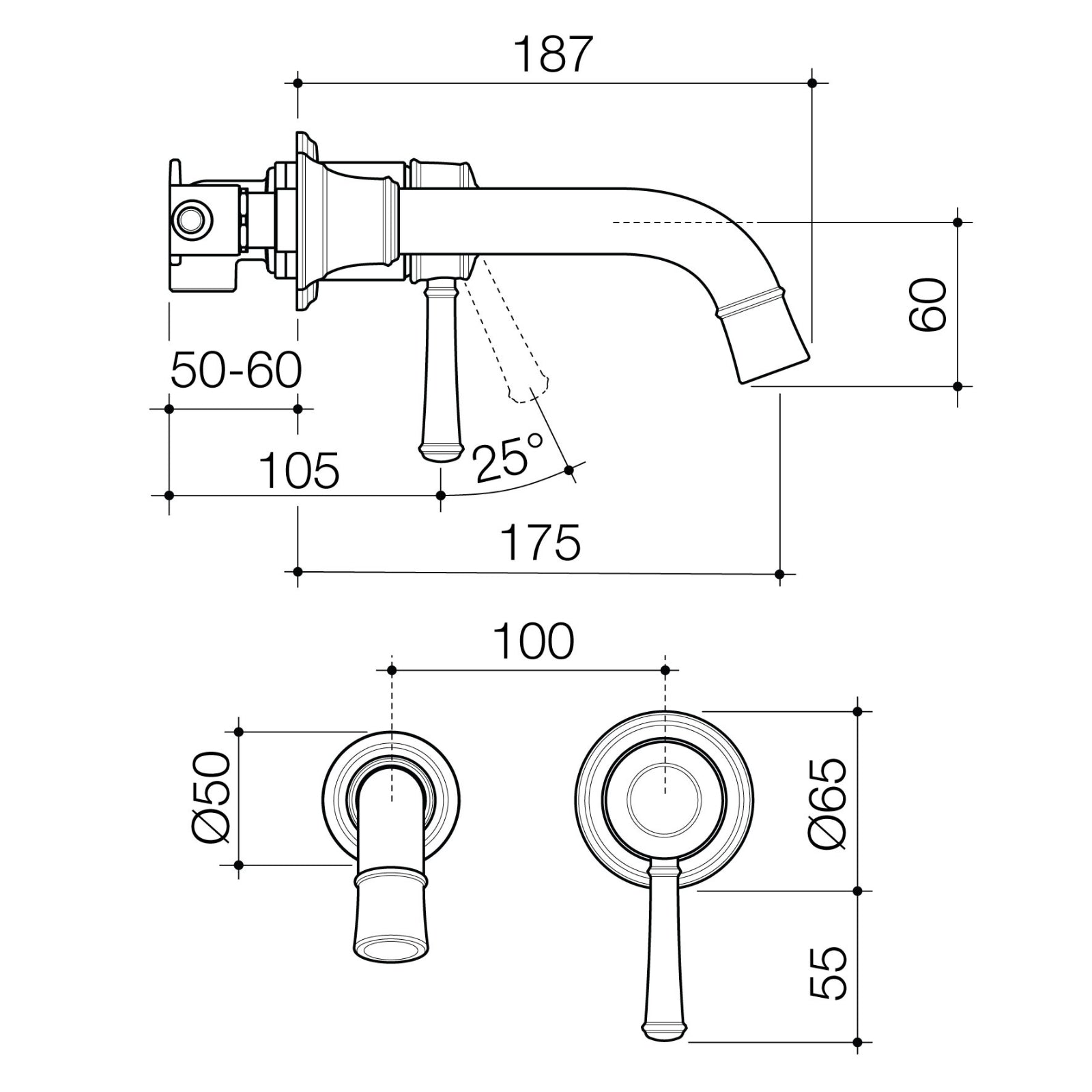 Technical Drawing Caroma Riviere Wall Basin Bath Mixer 175mm - Brushed Bronze 520009BBZ6AF - The Blue Space