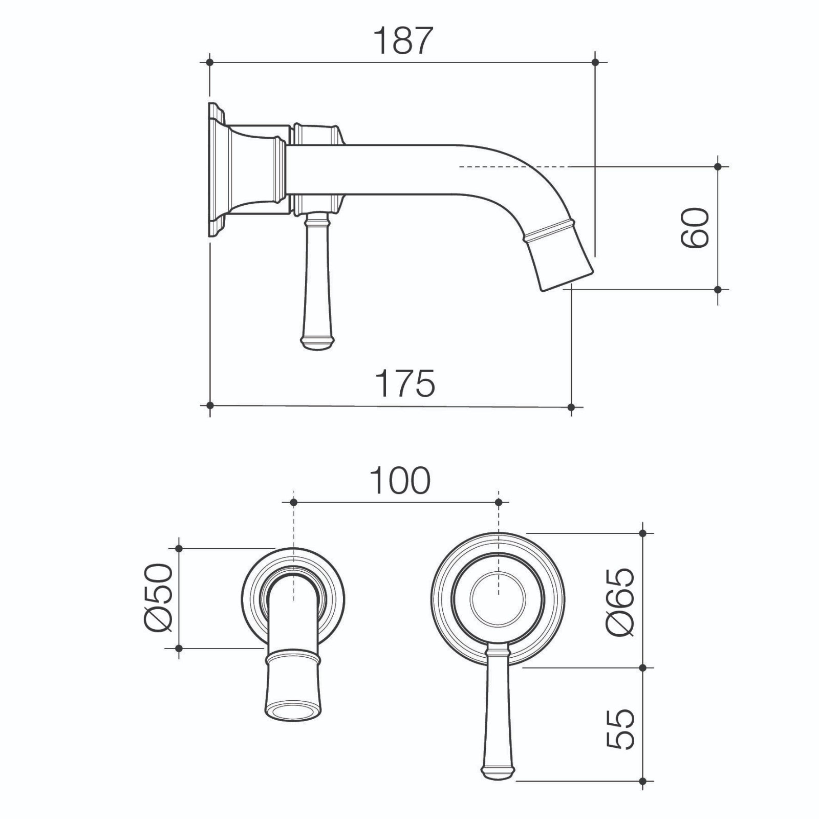Technical Drawing Caroma Riviere Wall Basin Bath Mixer 175mm Trim Kit - Brushed Brass 520011BB6AF - The Blue Space