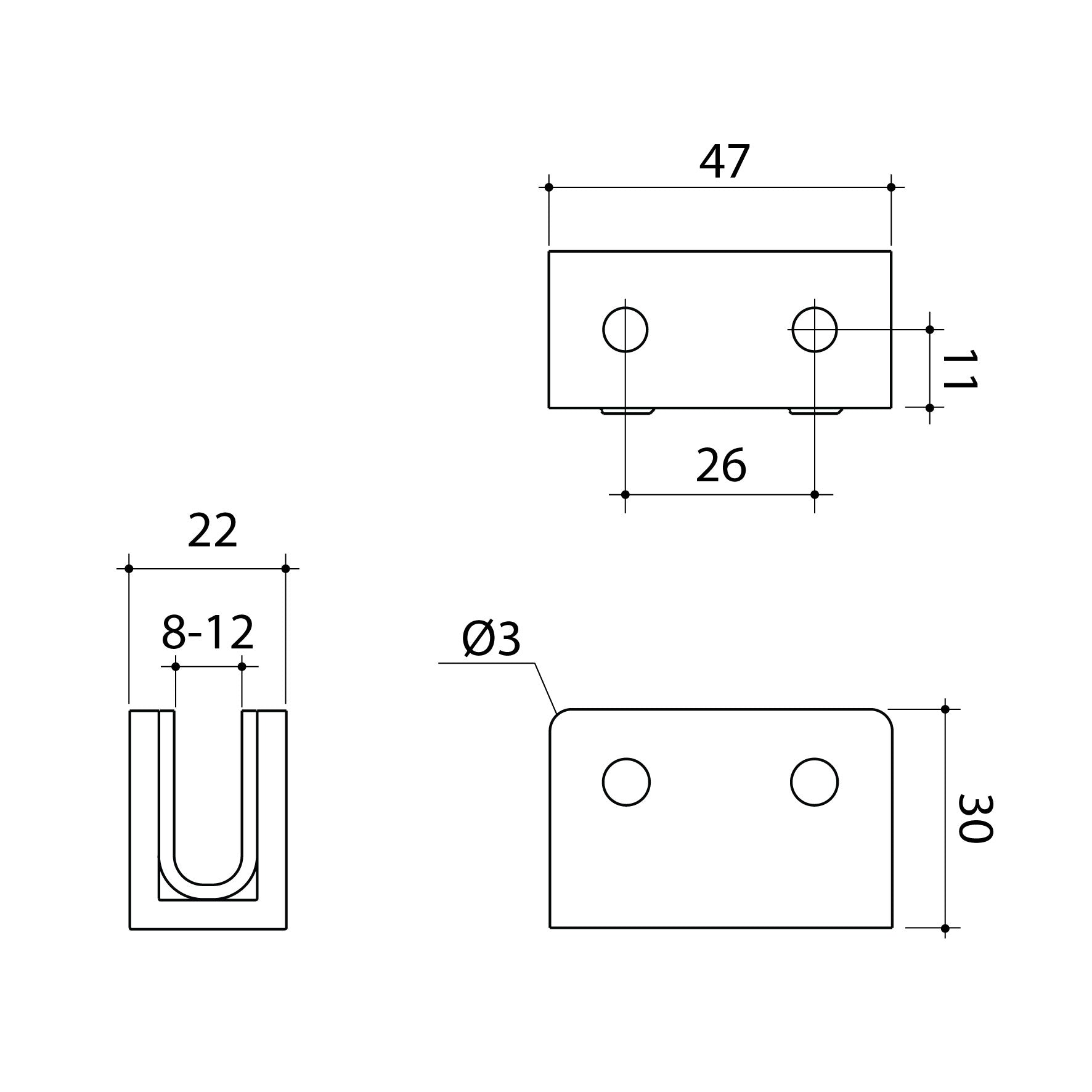 Technical Drawing Caroma Shower Glass U Bracket Matte Black 14228001B - The Blue Space