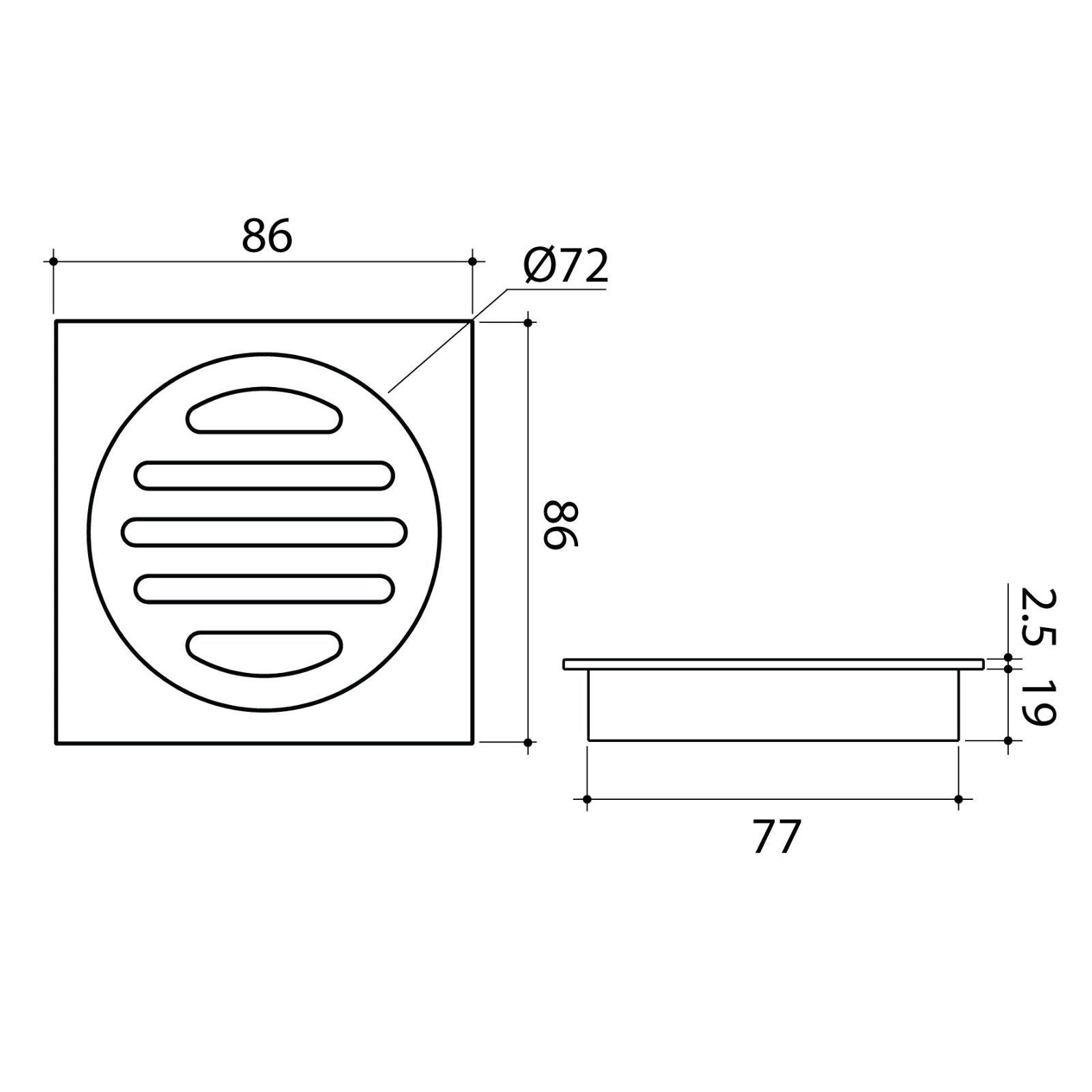 Technical Drawing Caroma Square Floor Waste - 80mm Outlet - Gunmetal 12975034GM - The Blue Space