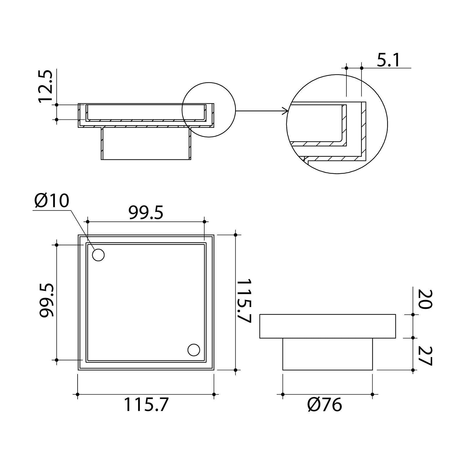Technical Drawing Caroma Square Floor Waste 80mm Outlet Tile Insert - Brushed Nickel 14228028BN - The Blue Space