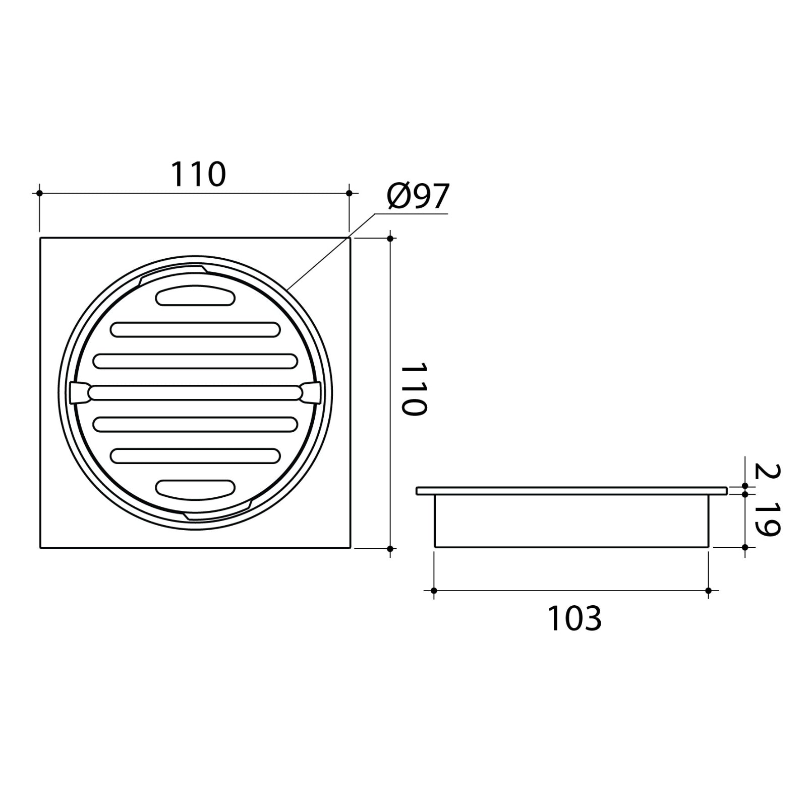Technical Drawing Caroma Square Floor Waste Grate - 100mm Outlet - Brushed Bronze 12975037BBZ - The Blue Space