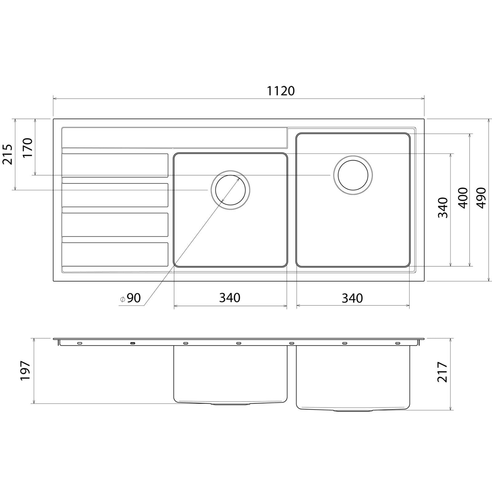 Technical Drawing Caroma Urbane II 1.75 Bowl Stainless Steel Kitchen Sink CO0175SS.1R - The Blue Space