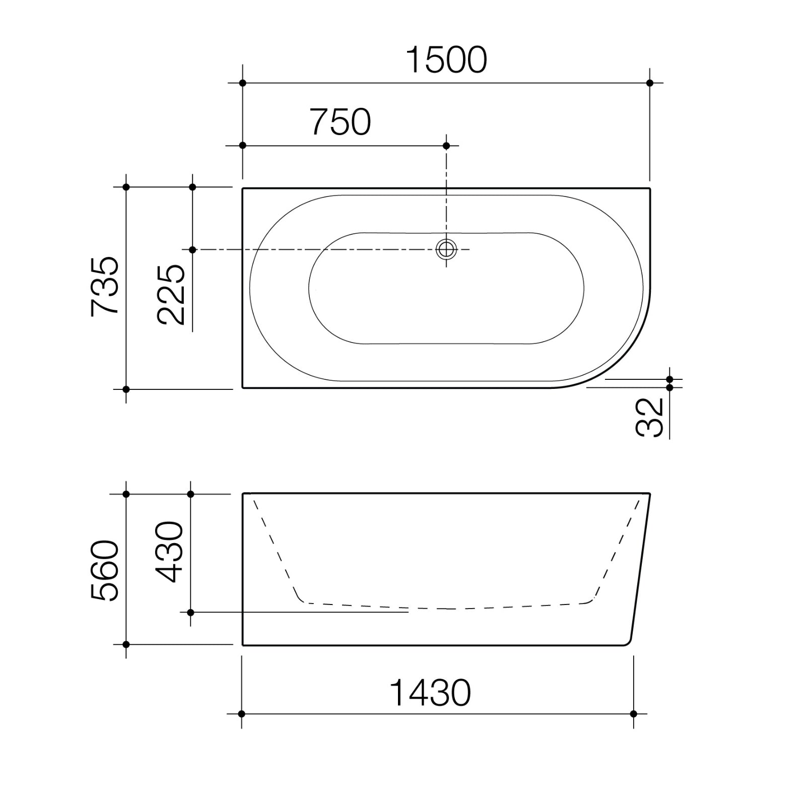Technical Drawing Caroma Urbane II 1500 Corner Back To Wall Bath - Left Hand Corner UII5LHCW - The Blue Space