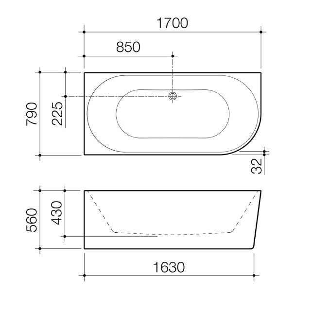 Technical Drawing Caroma URBANE II 1700 Right Hand Corner Back To Wall Bath UII7RHCW - The Blue Space