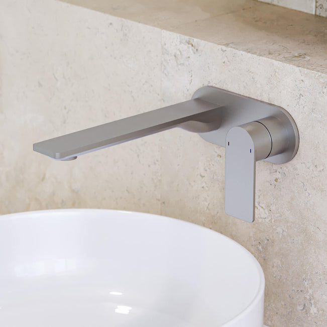 Caroma Urbane II 220mm Wall Basin/Bath Mixer Round Brushed Nickel - The Blue Space
