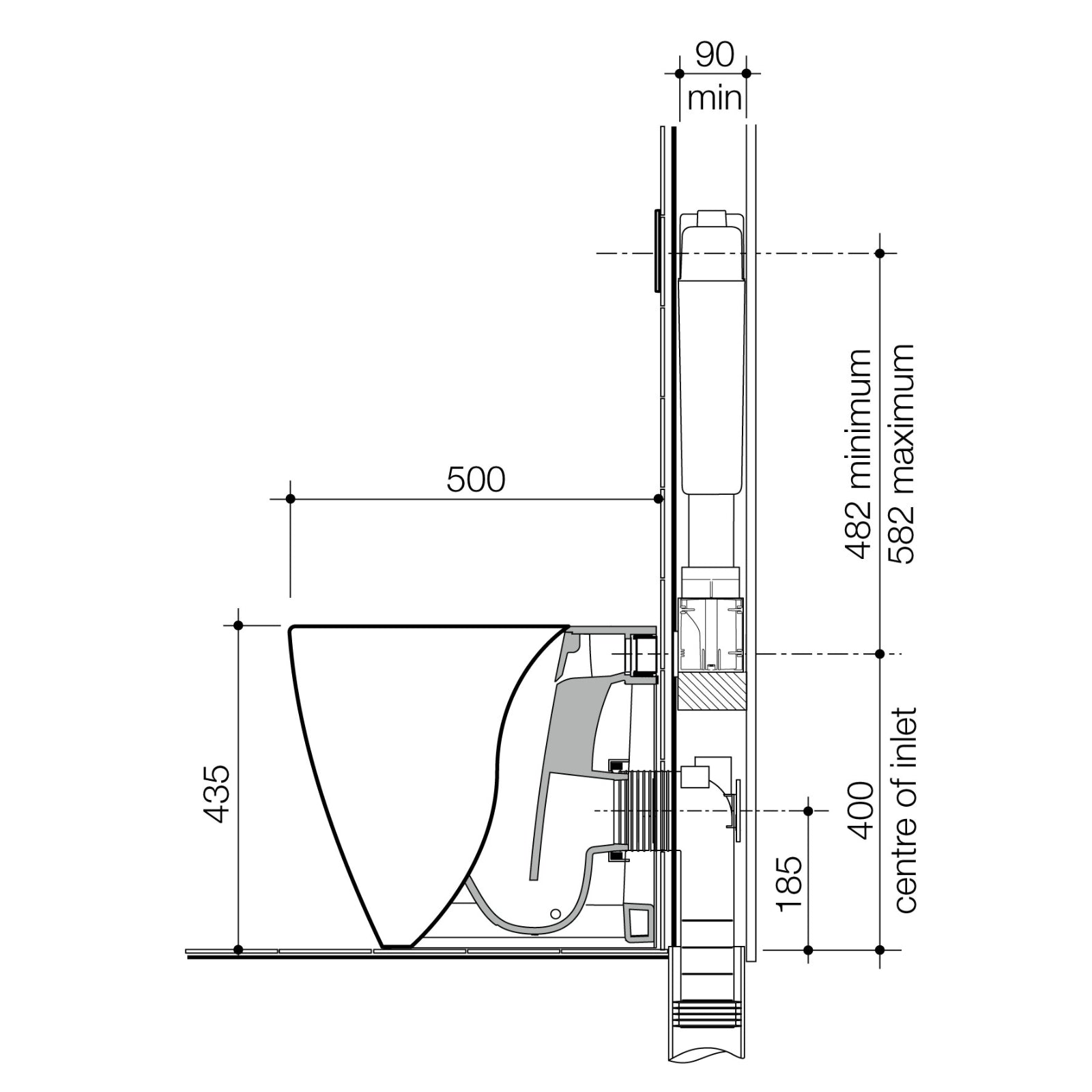 Technical Drawing Caroma Urbane II Cleanflush Compact Wall Faced Invisi II Toilet Suite 741520W - The Blue Space