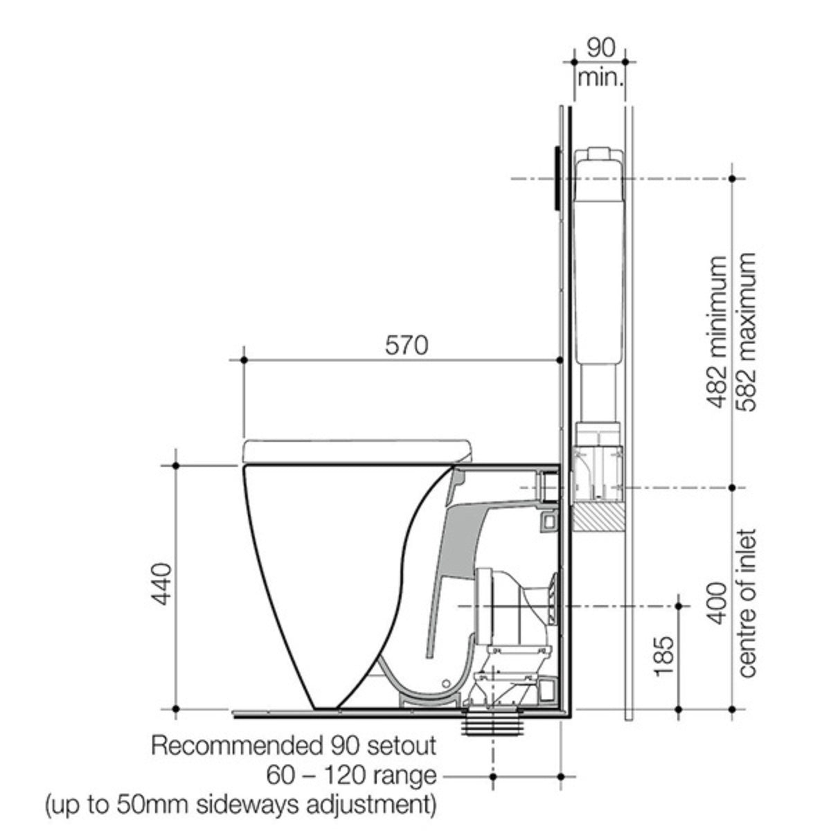 Line Drawing Caroma Urbane II Cleanflush Wall Faced Invisi Series II Toilet Suite 746280W - The Blue Space