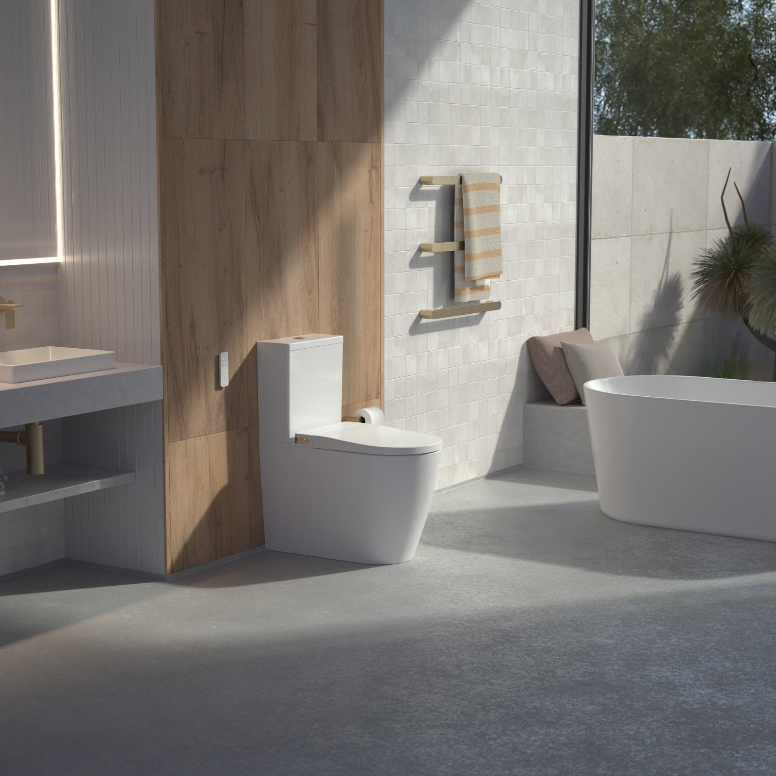 Lifestyle 1 Caroma Urbane II Heated Towel Rail - Horizontal - Brushed Brass 11202084BB - The Blue Space