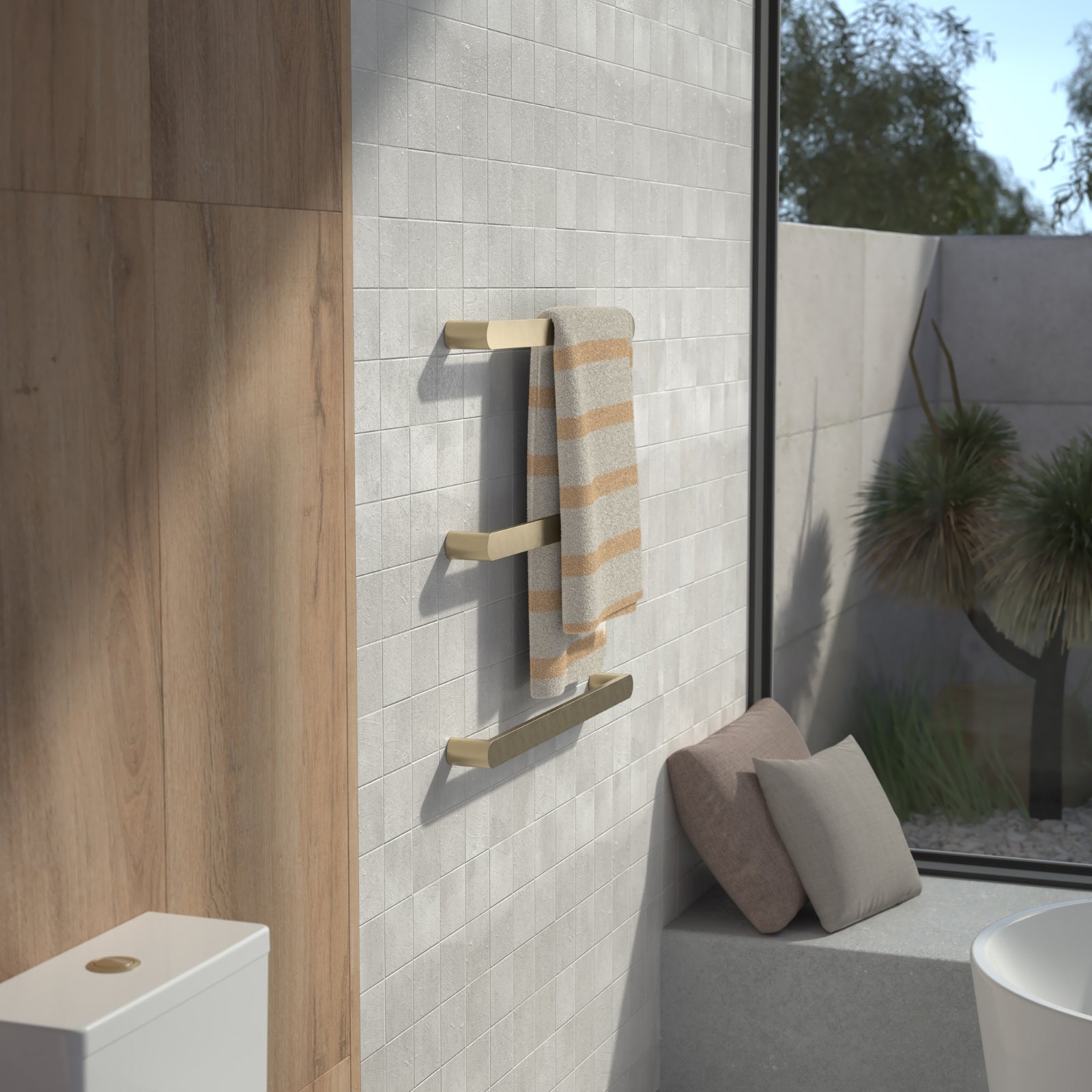 Lifestyle 3 Caroma Urbane II Heated Towel Rail - Horizontal - Brushed Brass 11202084BB - The Blue Space