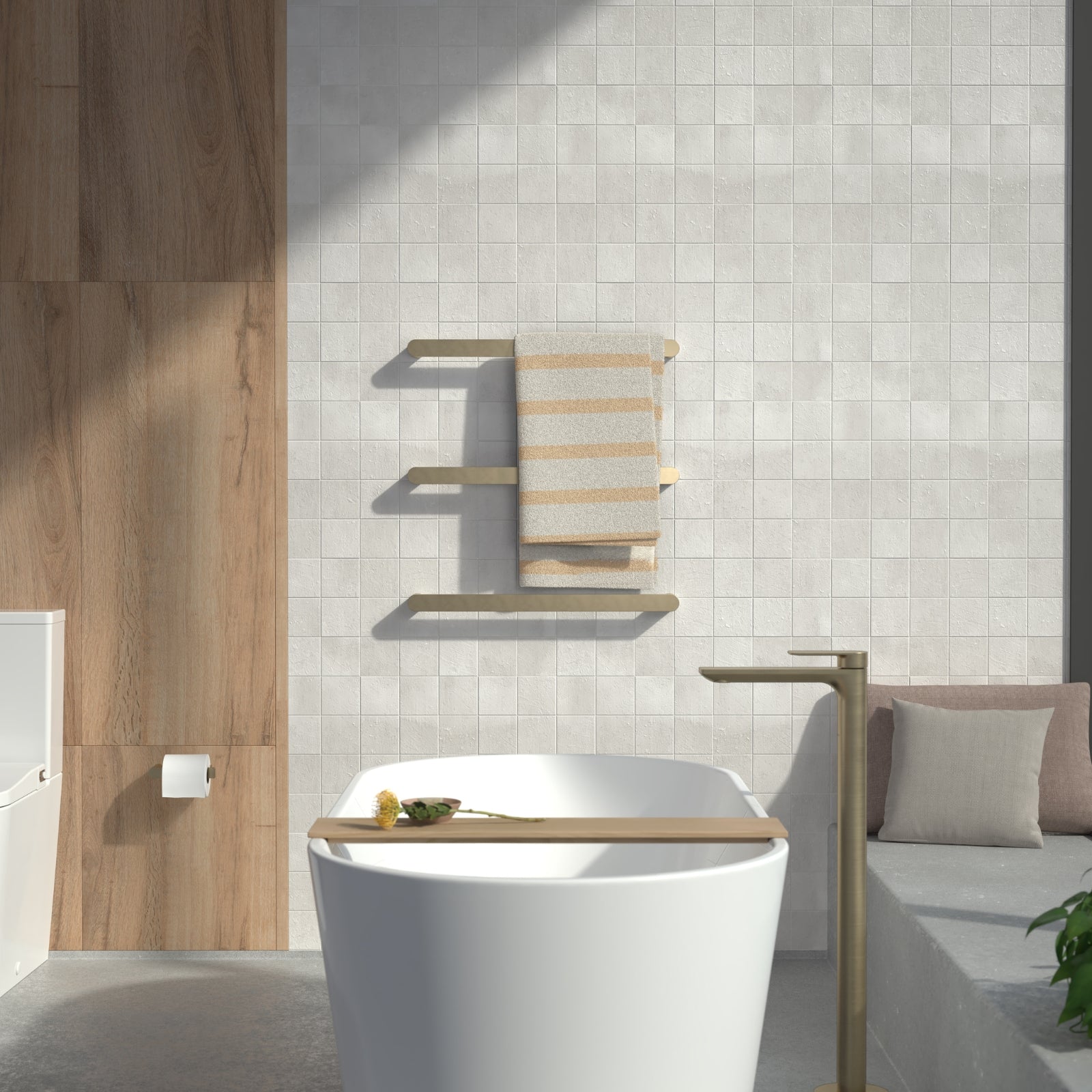 Lifestyle 4 Caroma Urbane II Heated Towel Rail - Horizontal - Brushed Brass 11202084BB - The Blue Space