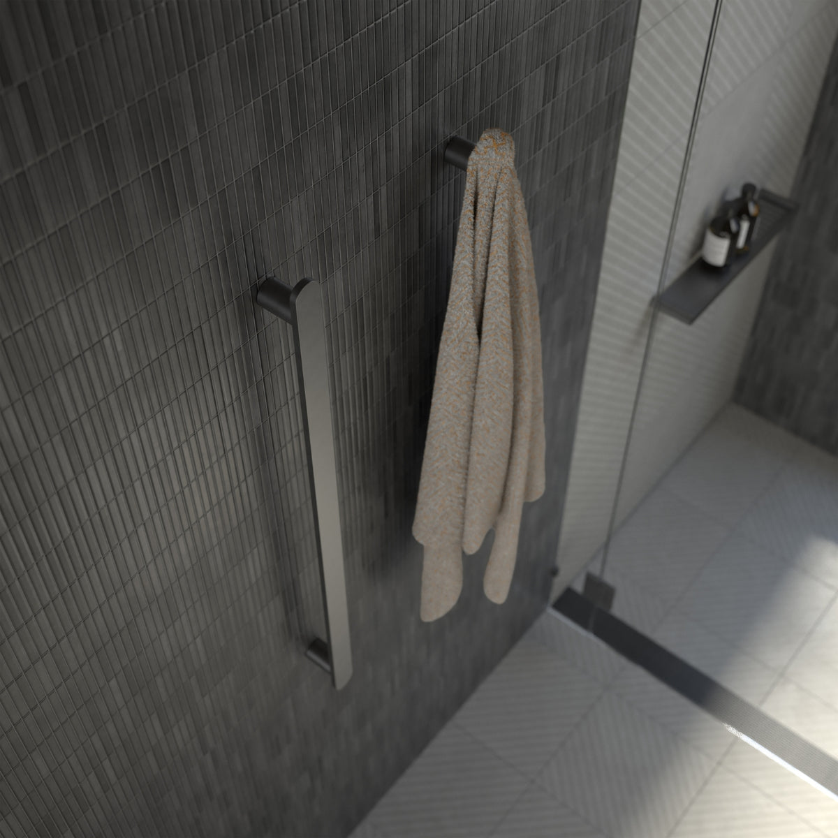 Lifestyle 3 Caroma Urbane II Heated Towel Rail - Vertical - Gunmetal 11202085GM - The Blue Space