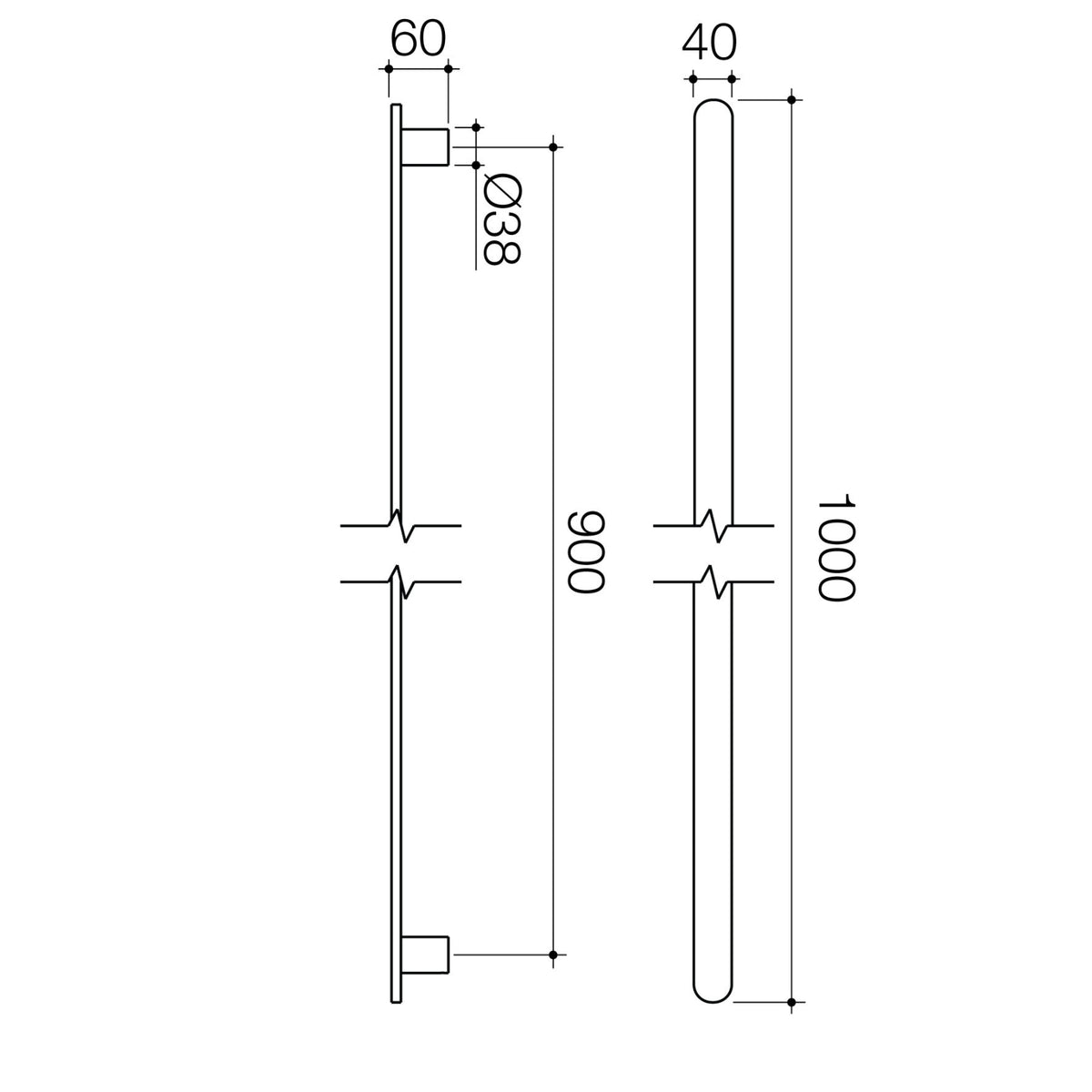 Technical Drawing Caroma Urbane II Heated Towel Rail - Vertical - Gunmetal 11202085GM - The Blue Space