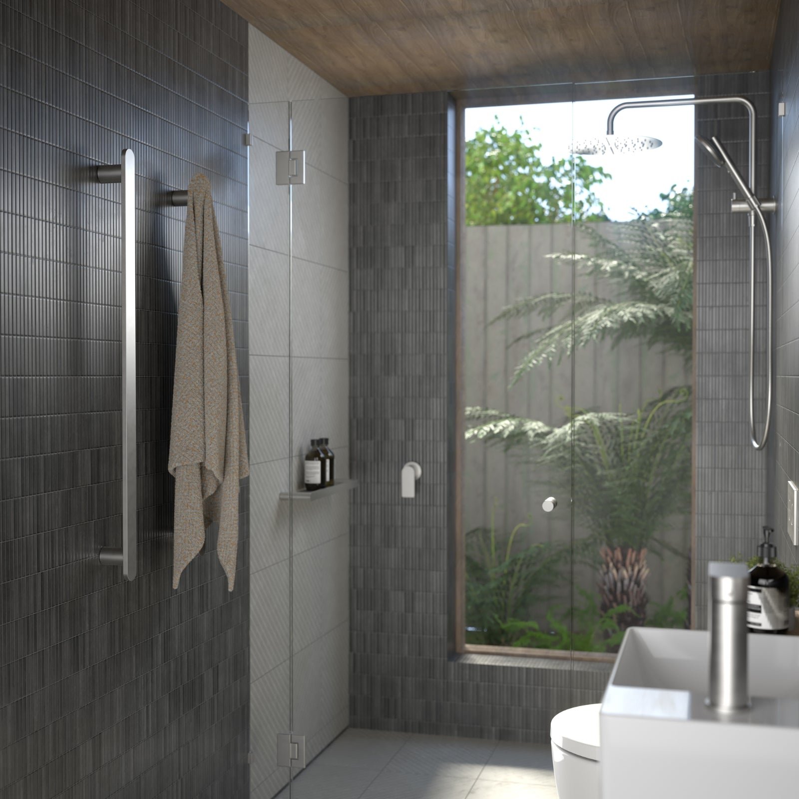 Lifestyle 1 Caroma Urbane II Heated Towel Rail - Vertical - Polished Stainless Steel 11202085PSS - The Blue Space