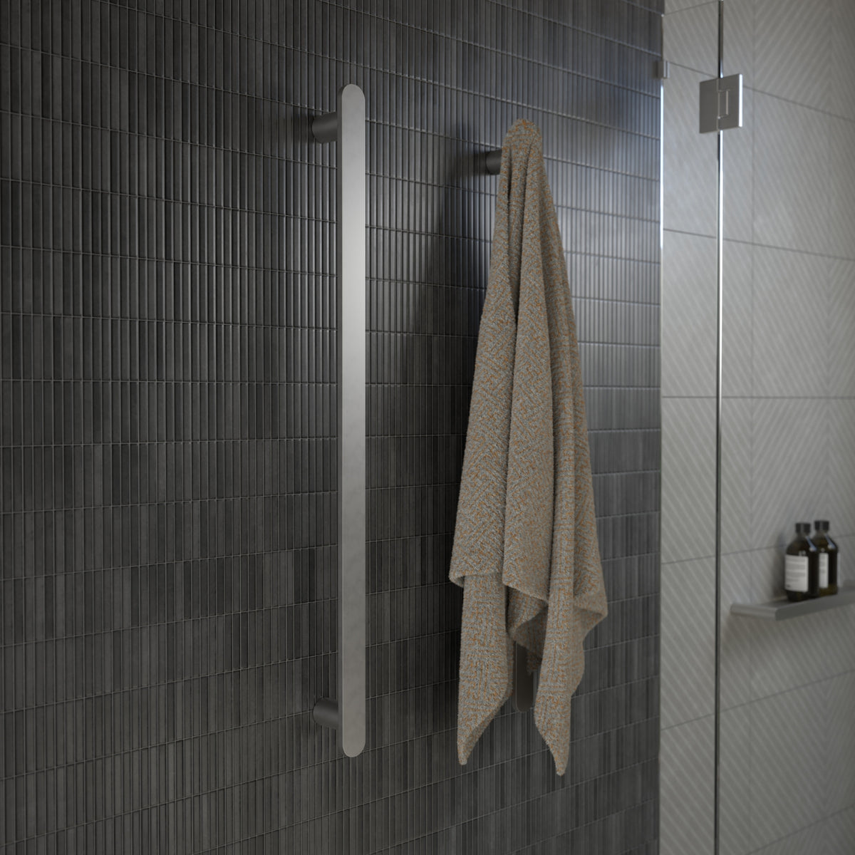 Lifestyle 2 Caroma Urbane II Heated Towel Rail - Vertical - Polished Stainless Steel 11202085PSS - The Blue Space