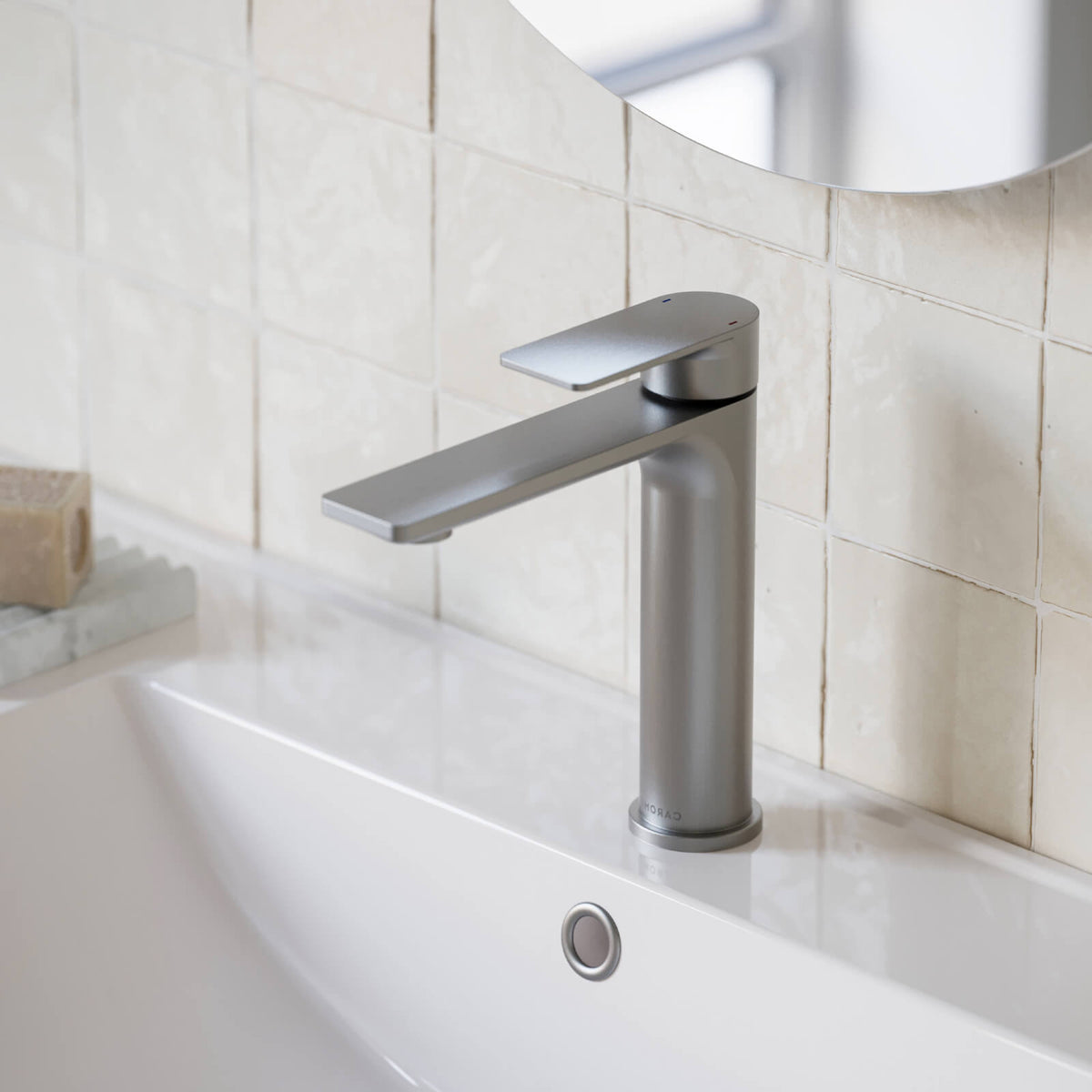 Caroma Urbane II Lead Free Mid Tower Basin Mixer brushed nickel | The Blue Space