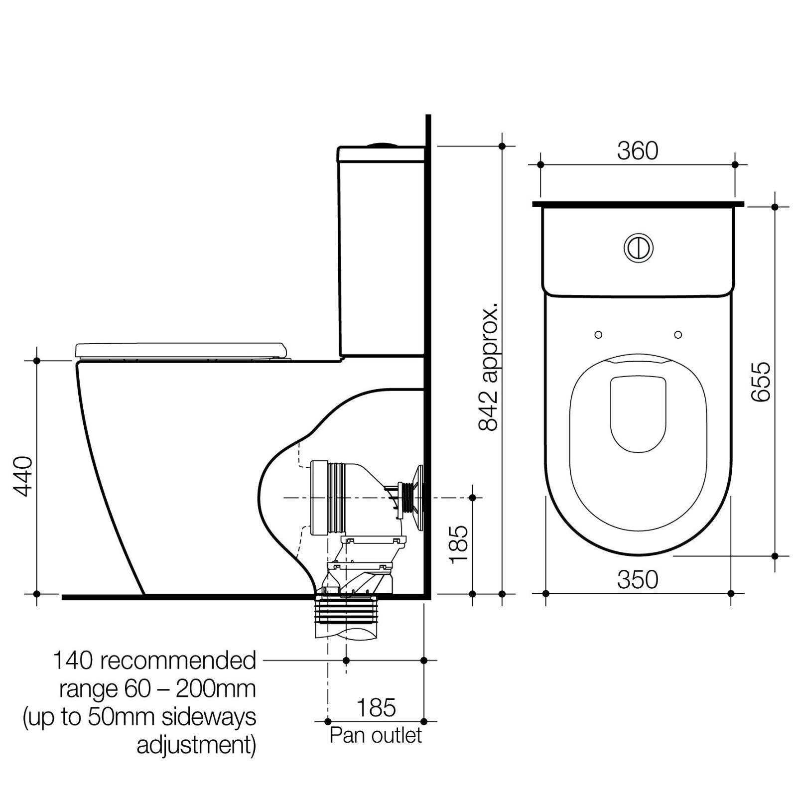 Technical Drawing Caroma Urbane II Luxe Cleanflush Wall Faced Toilet Suite - Upgraded Seat Design 746250WLX - The Blue Space