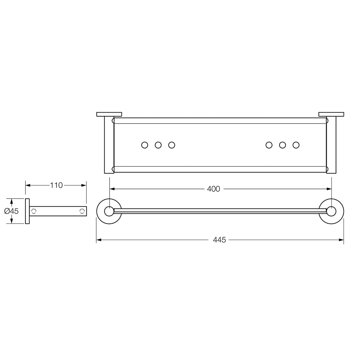 Technical Drawing Caroma Virtu Circit Metal Shower Shelf Chrome 0954C - The Blue Space