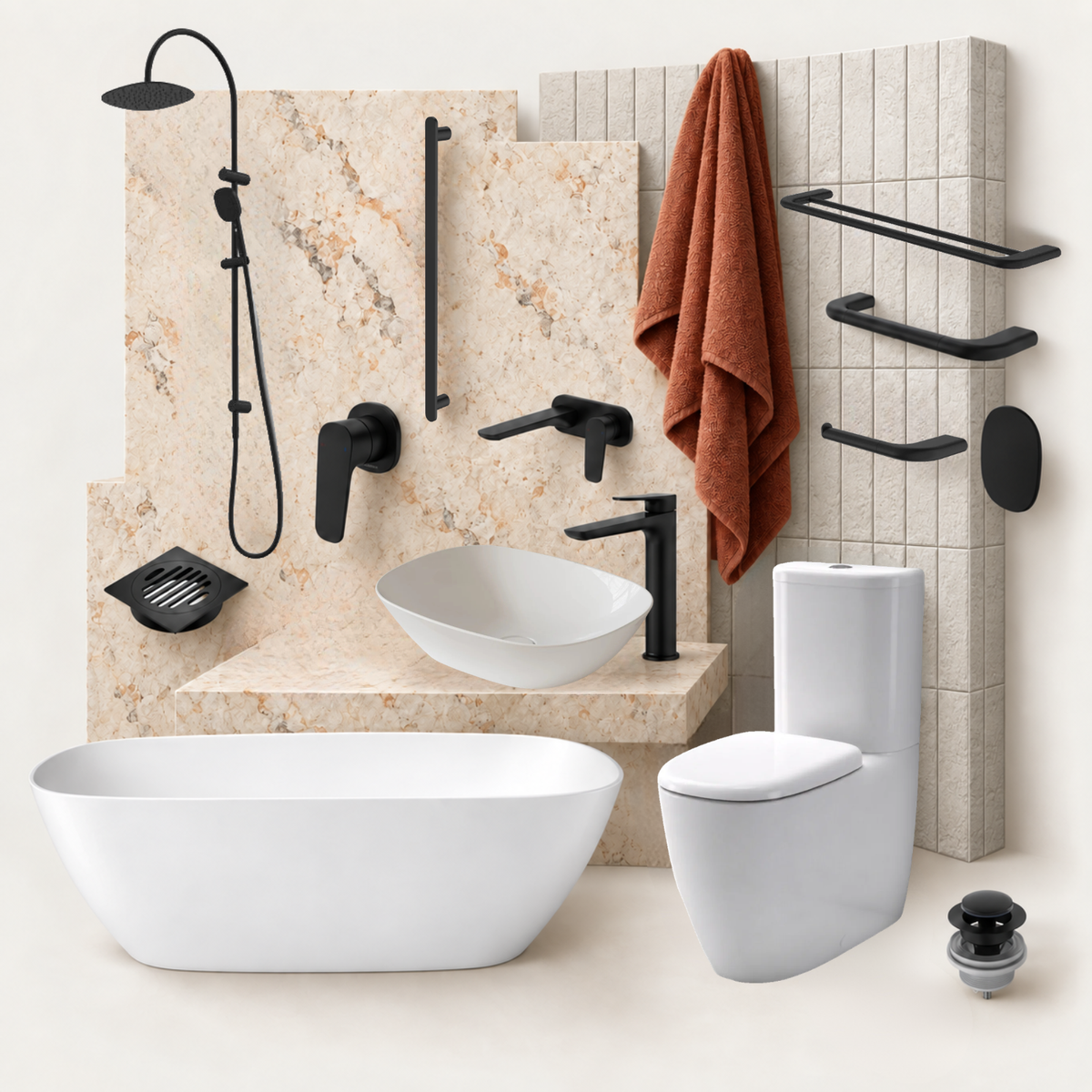 Modern bathroom fixtures set including a freestanding white bathtub, vessel sink with matte black faucet, wall-mounted shower system, toilet, towel rack, and drain, arranged against beige stone and tile walls with a rust-colored towel.
