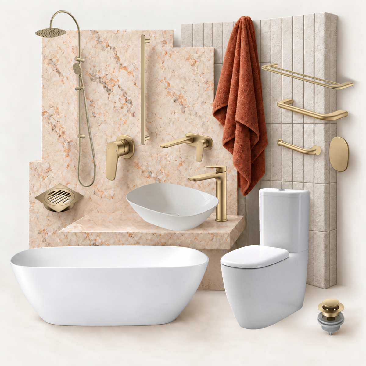 A modern bathroom set featuring a freestanding white bathtub, a white vessel sink with a matching faucet, a toilet, a shower head and hand shower, gold-toned wall-mounted fixtures, a terracotta towel, and a drain, arranged against a beige marble and tiled wall.