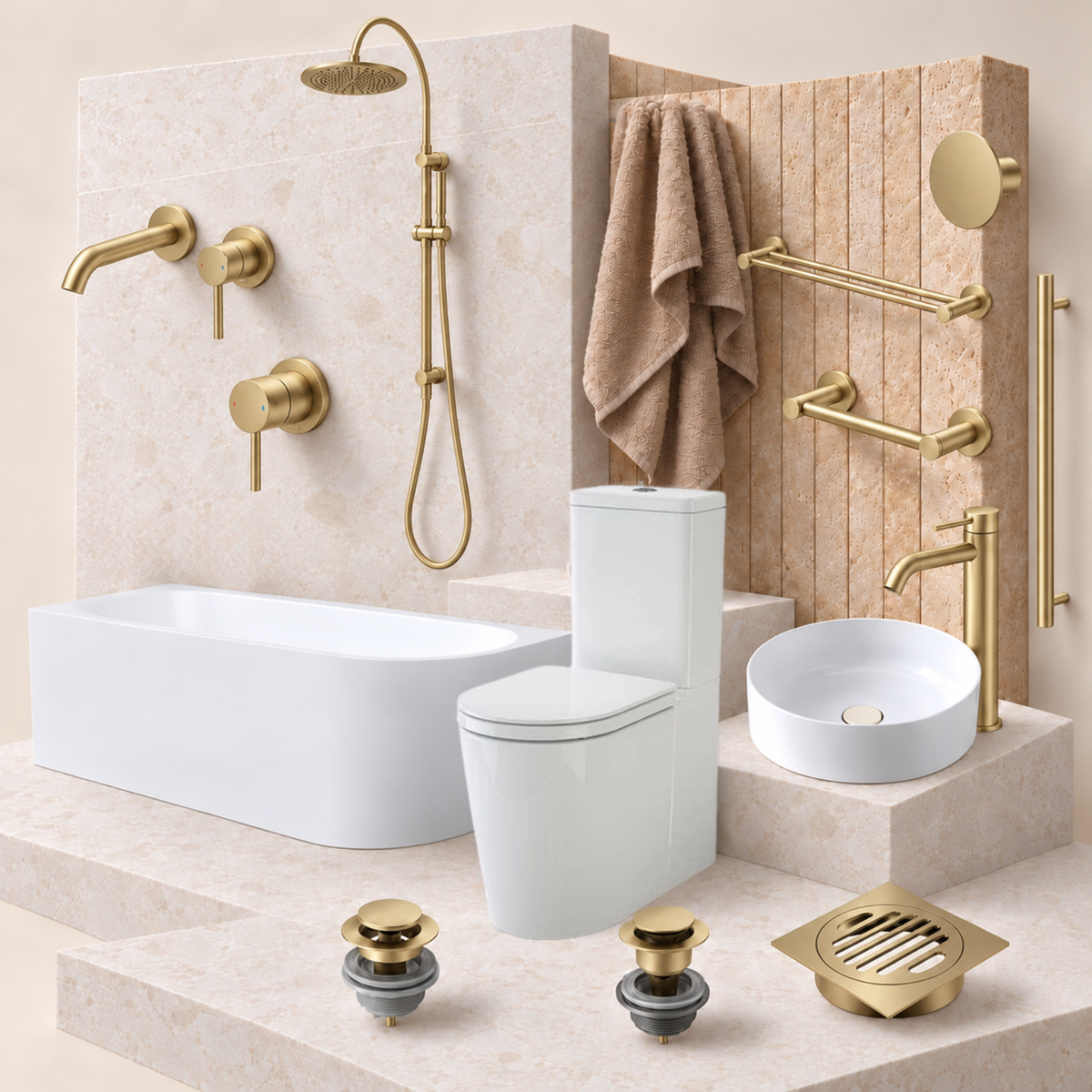 A coordinated bathroom set shown in a clean studio-style render: a white one-piece toilet, white vessel sink, freestanding bathtub, wall-mounted gold shower system, towel, towel bars, drain, and small gold/frosted valve components arranged on stone-like steps.