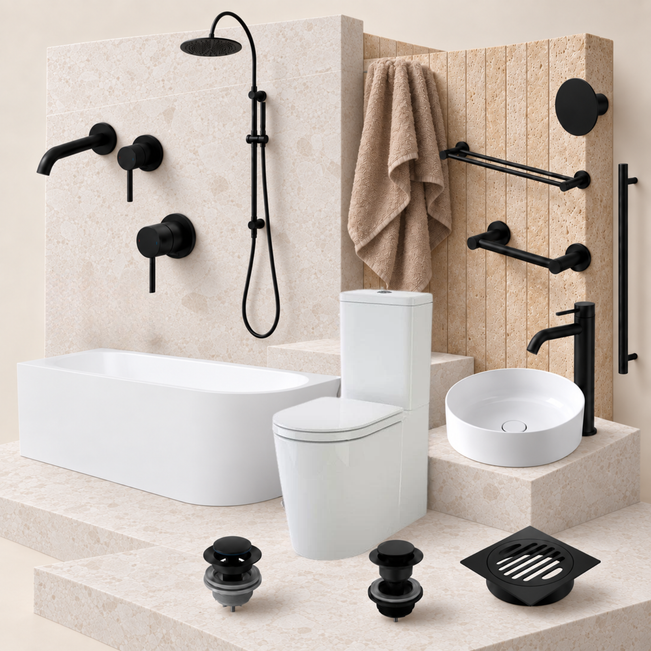 A coordinated bathroom fixture set shown installed on a tiled wall and floor, including a white bathtub, toilet, vessel sink, black faucet and shower hardware, towel bars, and drain components. No person, animal, or real room context beyond a styled product display, so this fits Product/Packaging rather than Lifestyle.