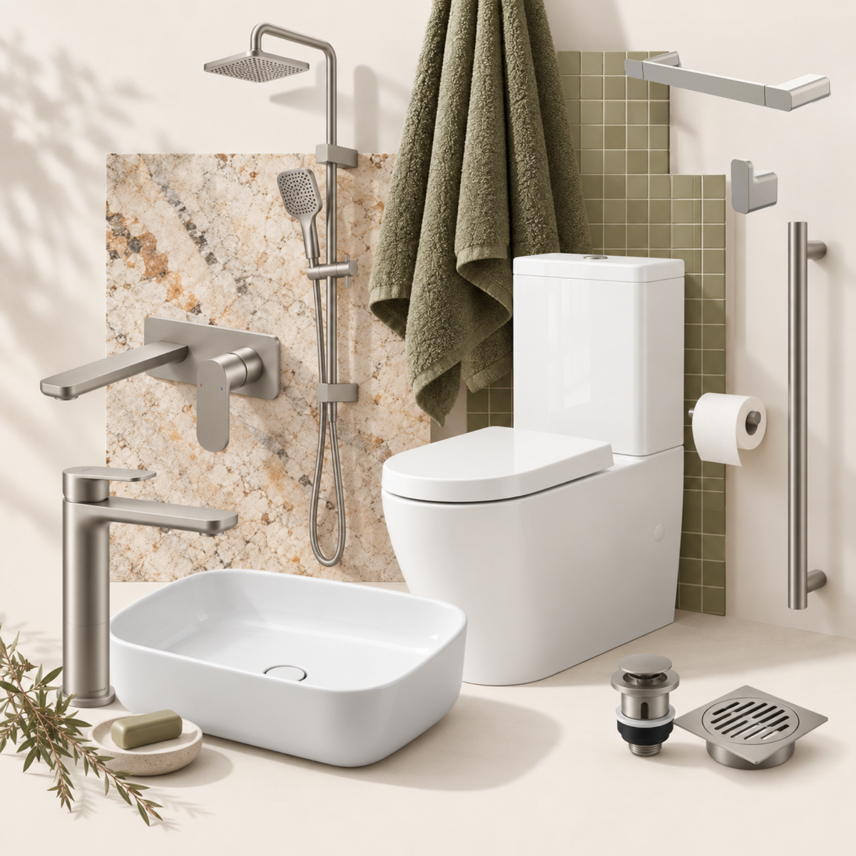 A modern bathroom set featuring a white ceramic toilet, a matching white vessel sink, a matte silver faucet, wall-mounted fixtures, a green towel, and a beige marble backsplash.