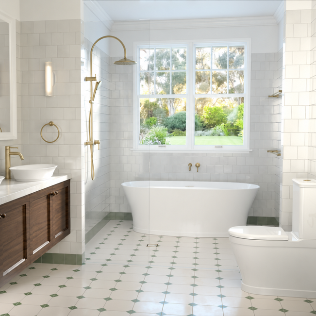 Caroma riviere bathroom package in brushed brass - heritage style bathroom design
