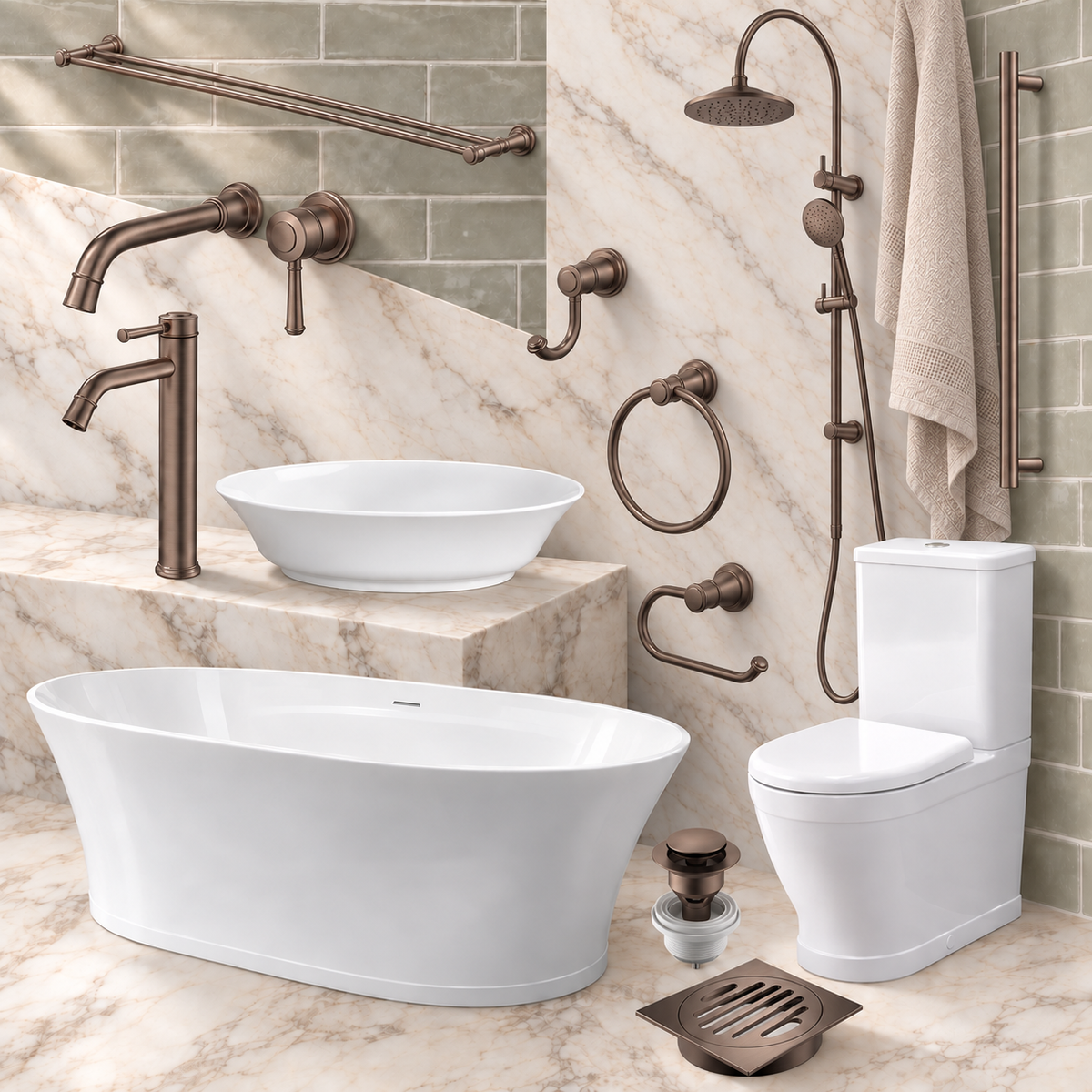 A coordinated bathroom fixture set shown installed in a marble-tiled bathroom: a freestanding white bathtub, white vessel sink, white toilet, and bronze-toned faucets, shower, towel bar, ring light, and drain.