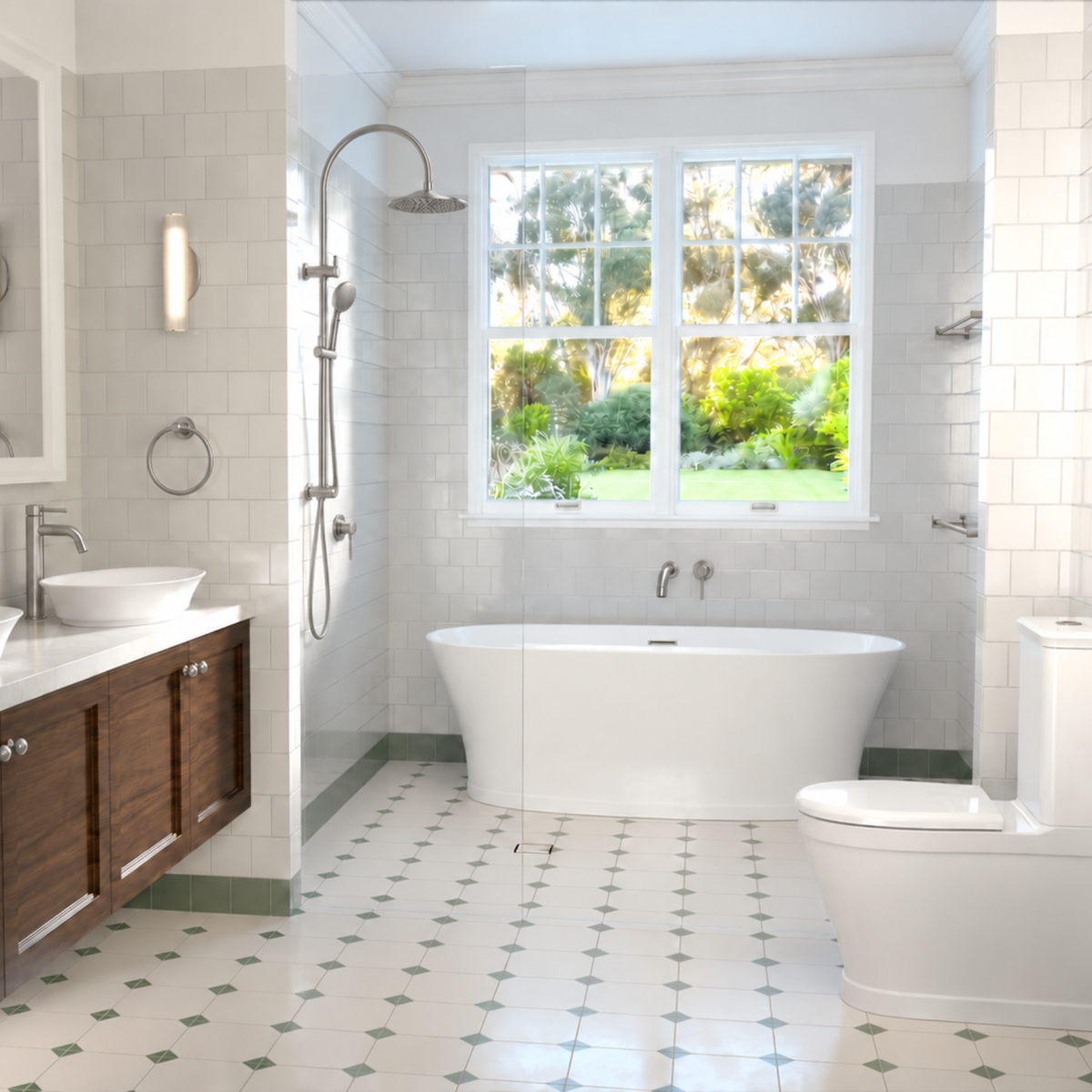 caroma riviere brushed nickel bathroom package in a heritage coastal style bathroom design. 